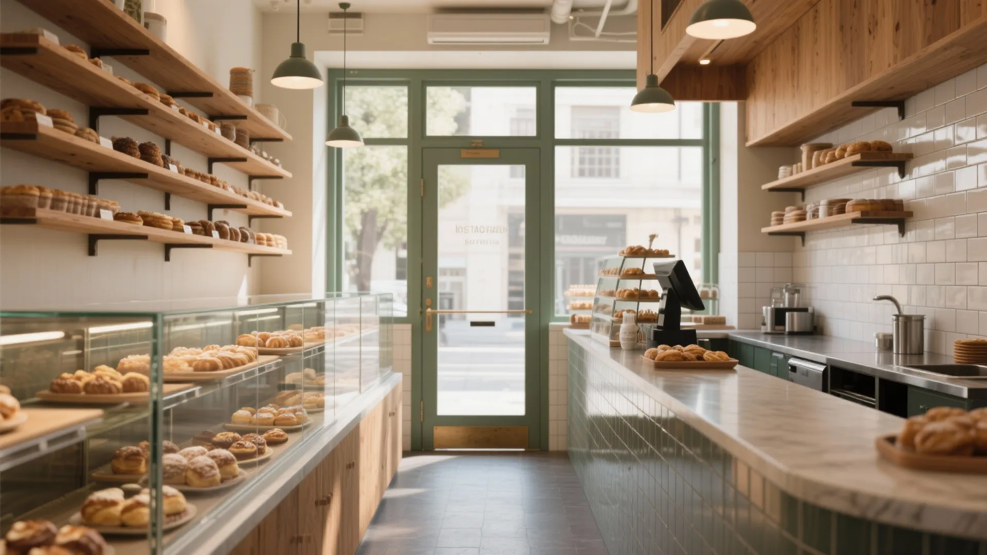 Modern bakery interior with wooden shelves and bread plus green door and green ceiling lights