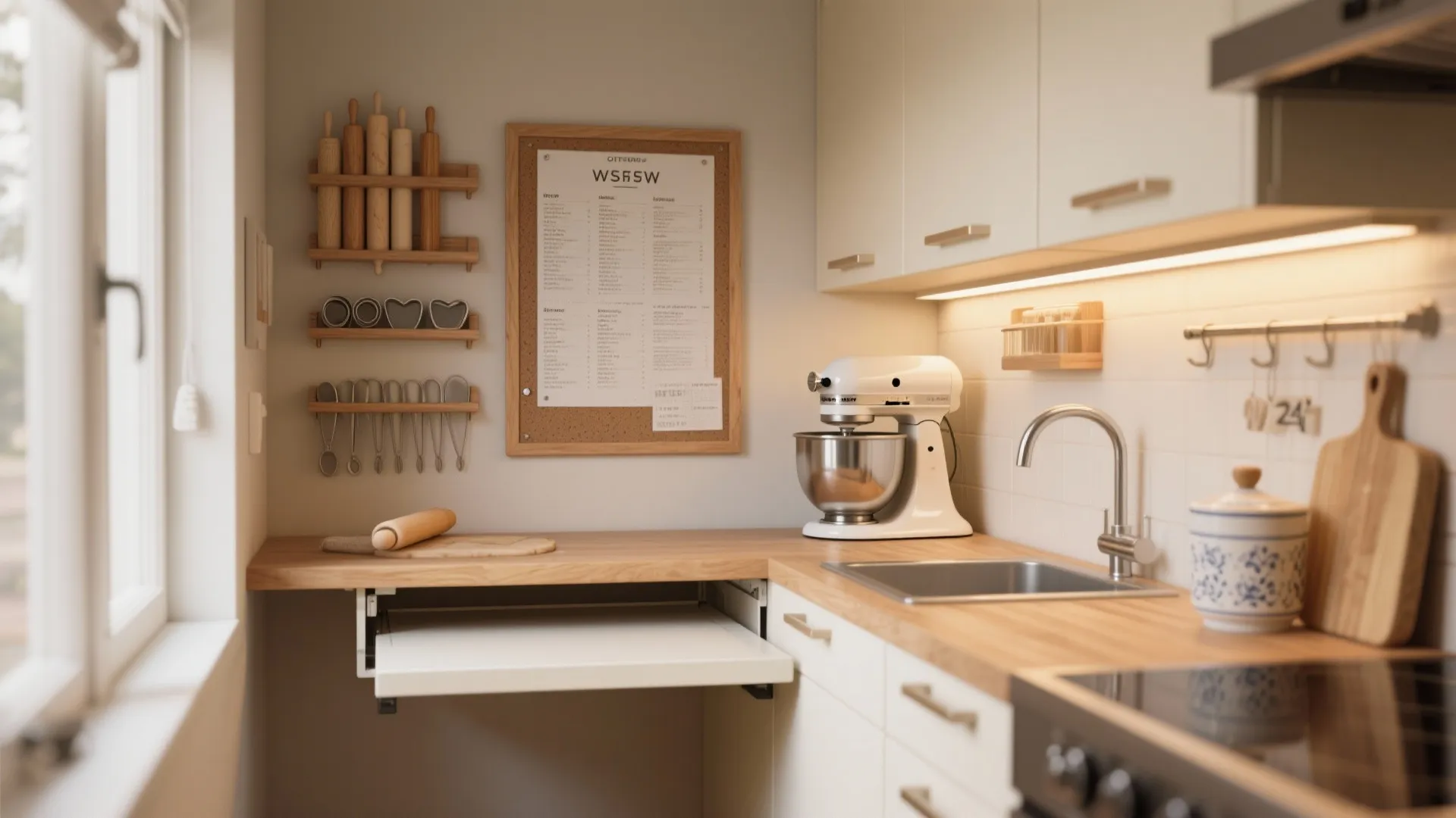 Small folding baking counter with magnetic recipe board and vertical storage in a galley kitchen.