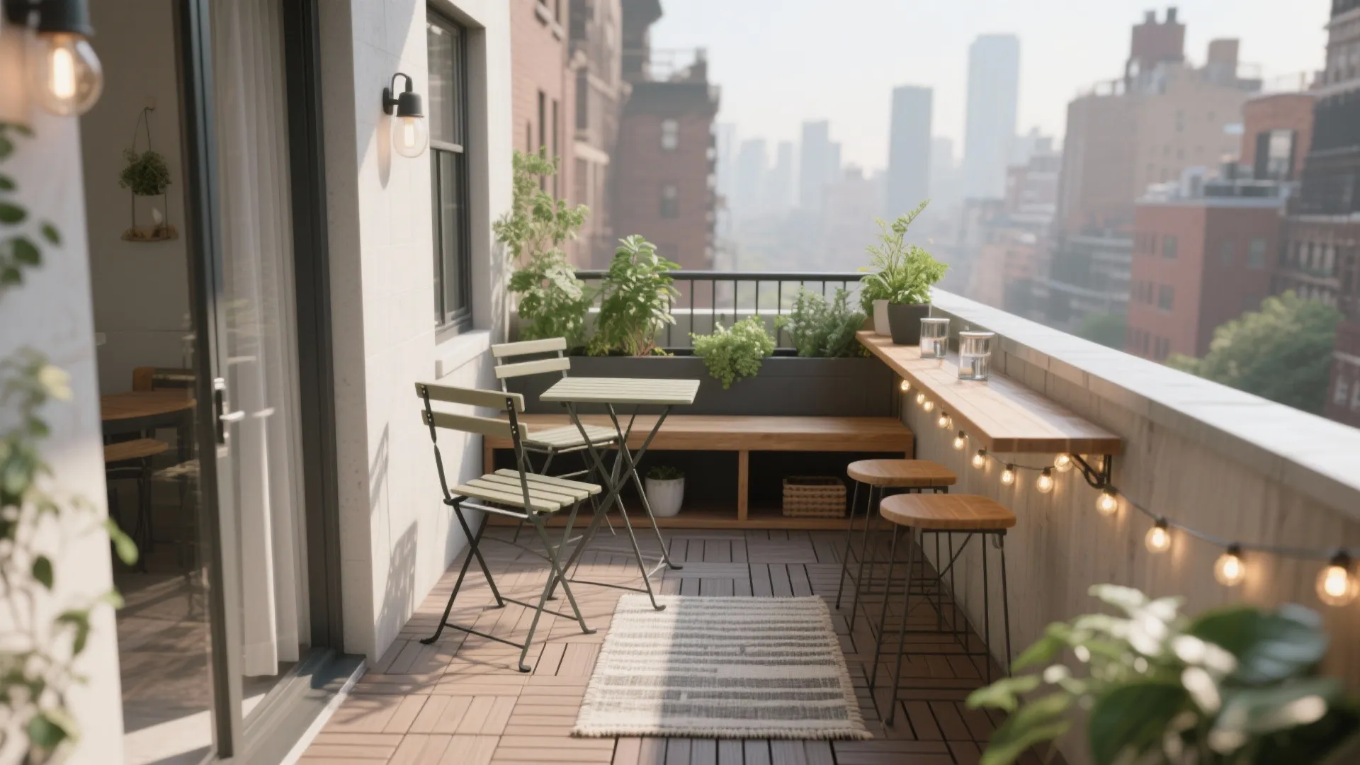 Small apartment balcony with wooden floor tiles green plants folding chairs and hanging string lights
