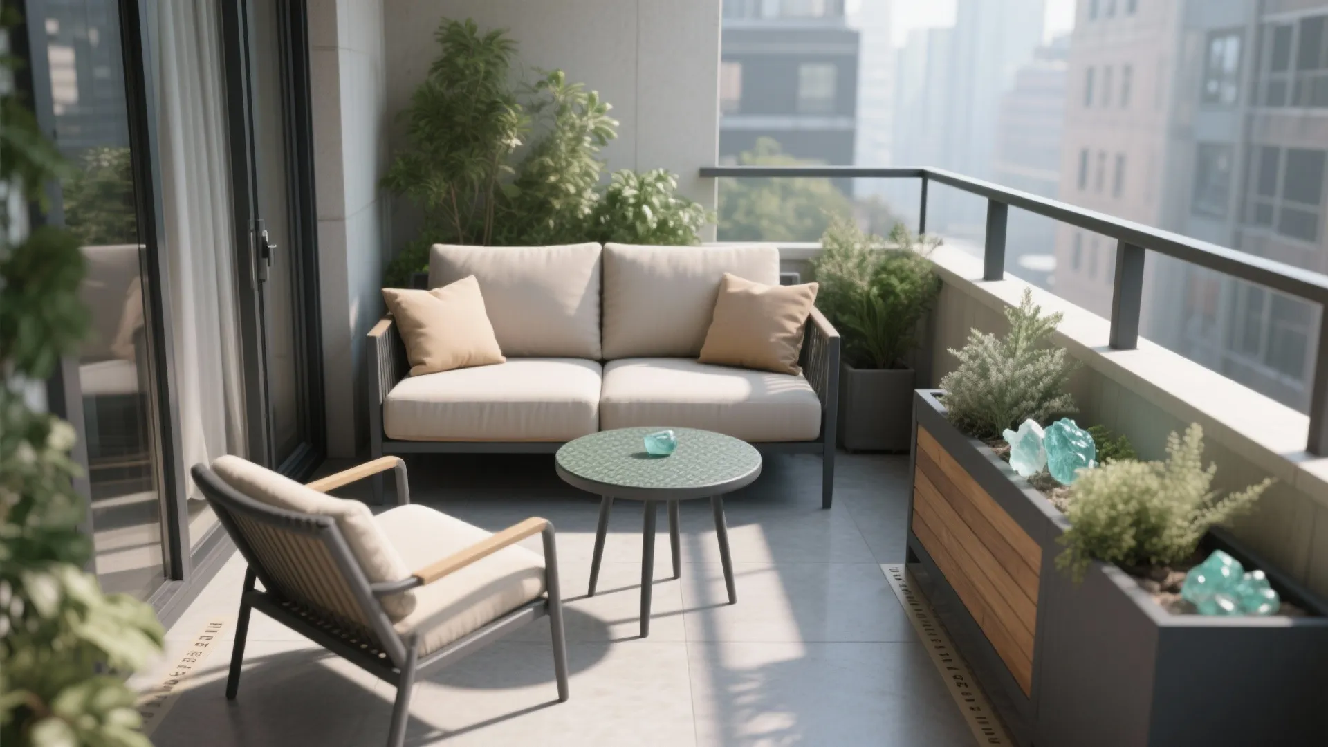 Modern balcony with comfortable beige sofa chair small round table green plants and city views