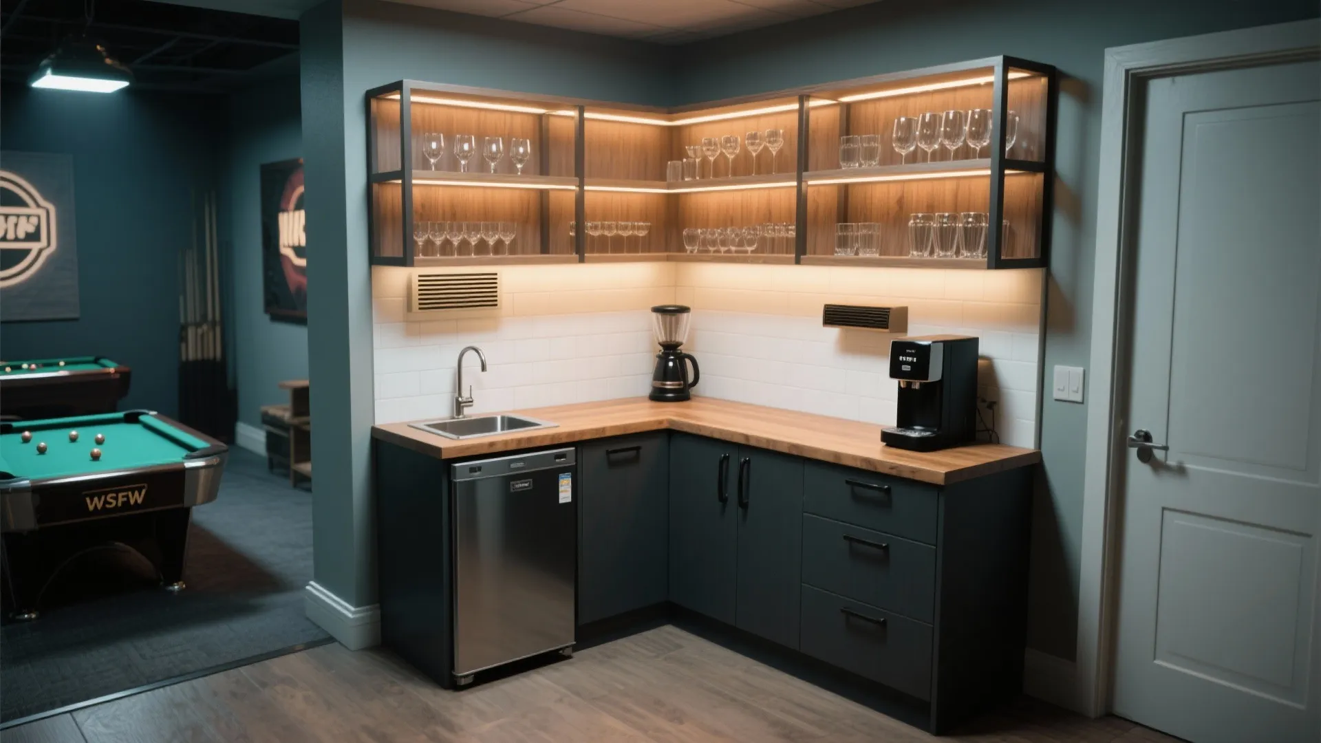 Small home bar with dark cabinets, wood countertop, wine glass shelves, and a pool table