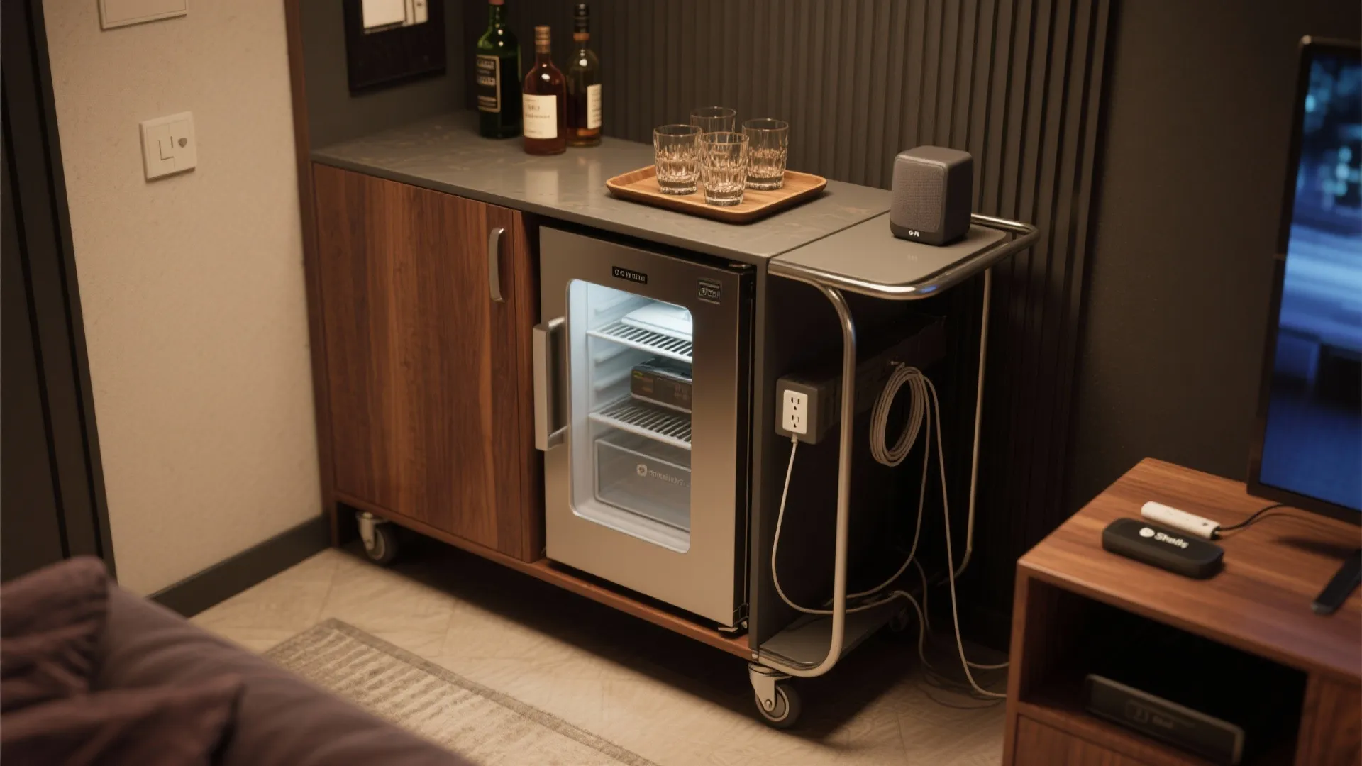 Slim rolling bar cart and narrow cabinet with mini-fridge, concealed power and ventilation details.