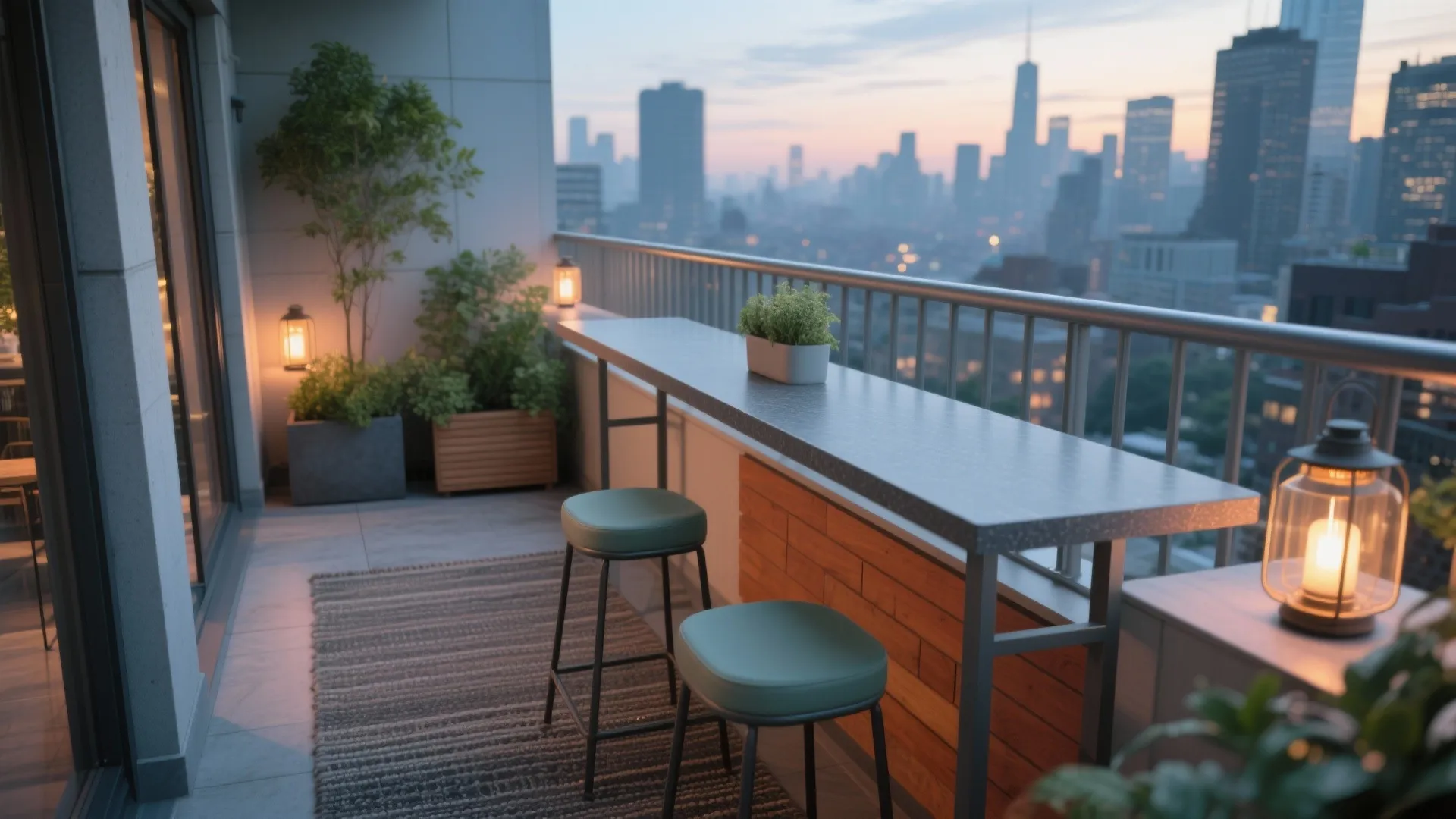 Modern balcony bar counter with green chairs and light fixtures overlooking a city skyline view