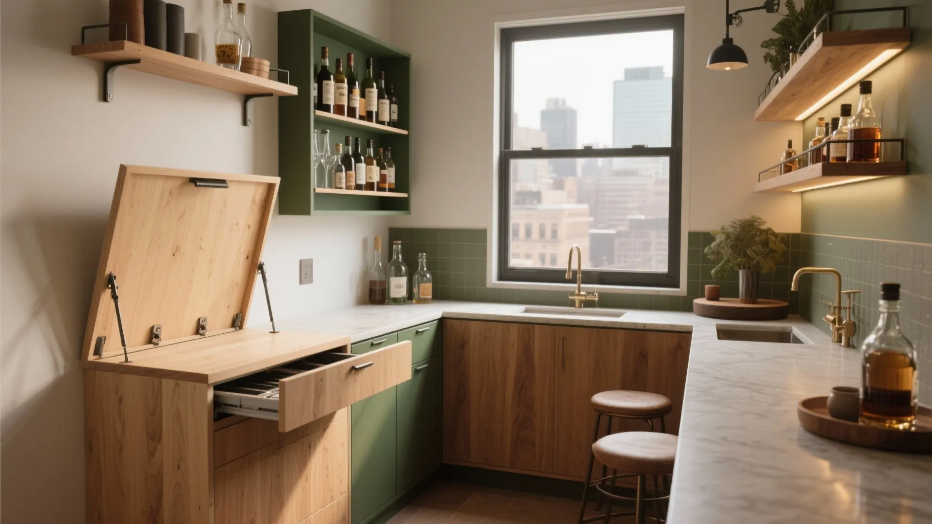 Modern home bar featuring green cabinets wooden shelves wine bottles a sink and two bar stools