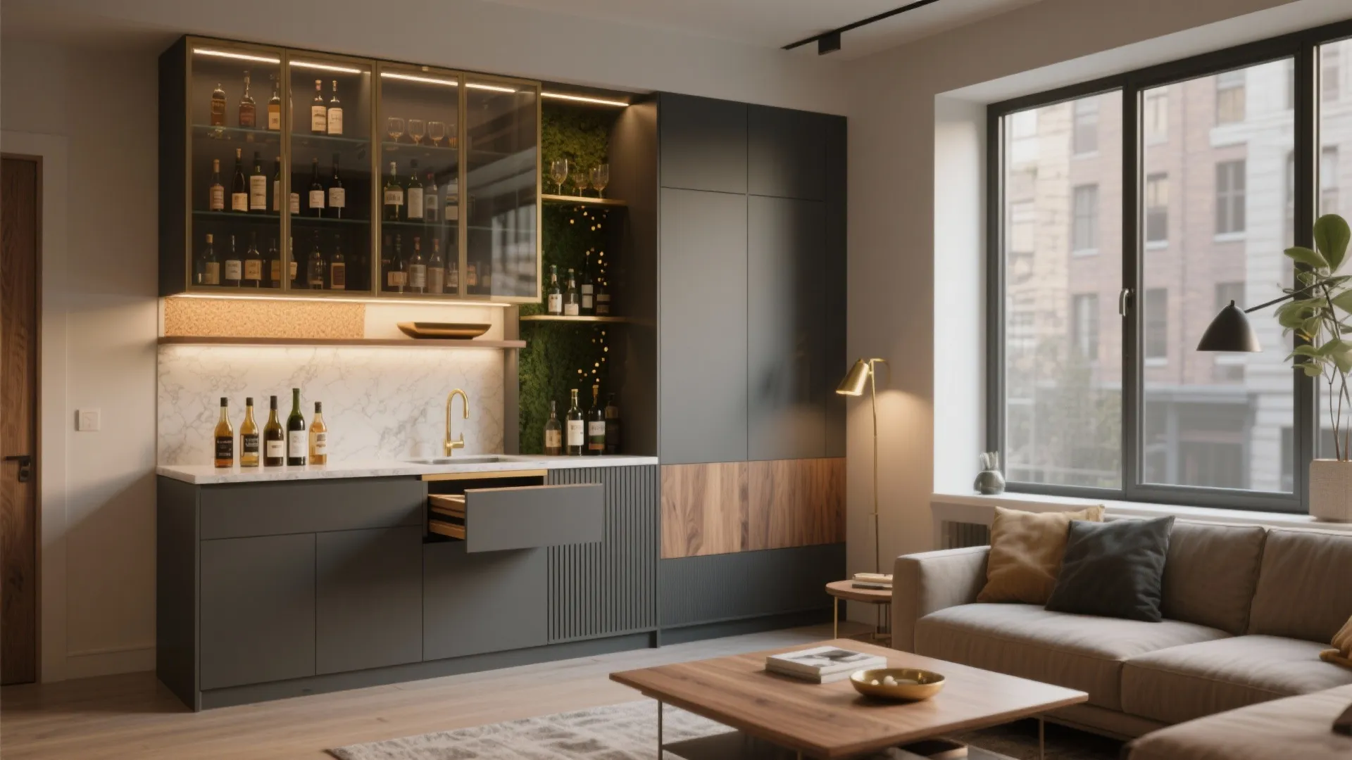Modern dark cabinet home bar area with wine bottles marble counter and comfortable beige sofa