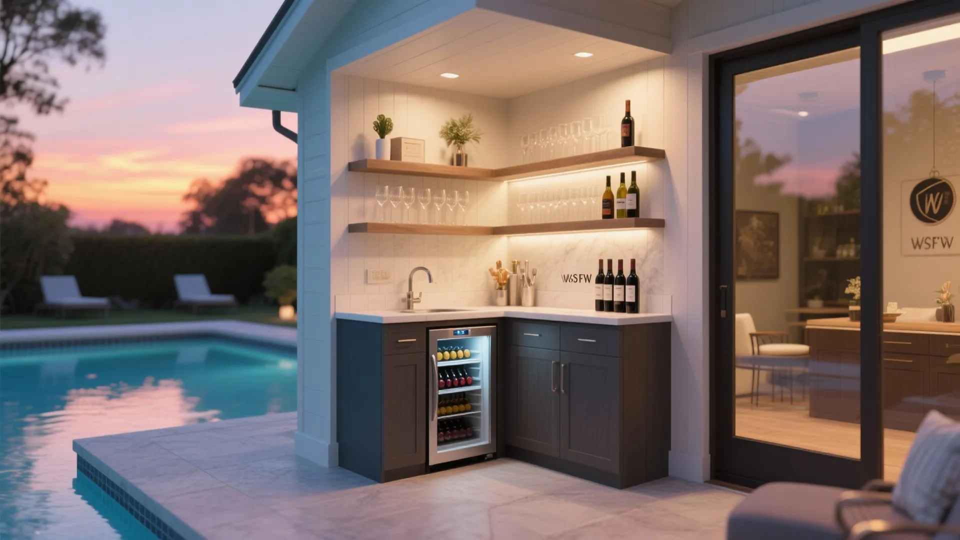 Outdoor bar featuring wine fridge wooden shelves and bottles next to a pool at sunset