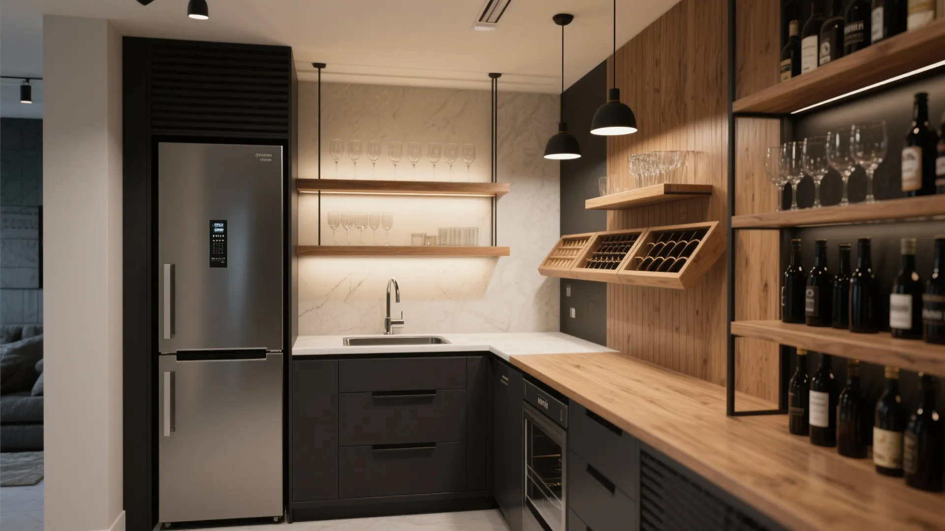 Modern home bar with dark cabinets stainless steel fridge wooden shelves wine bottles and lights