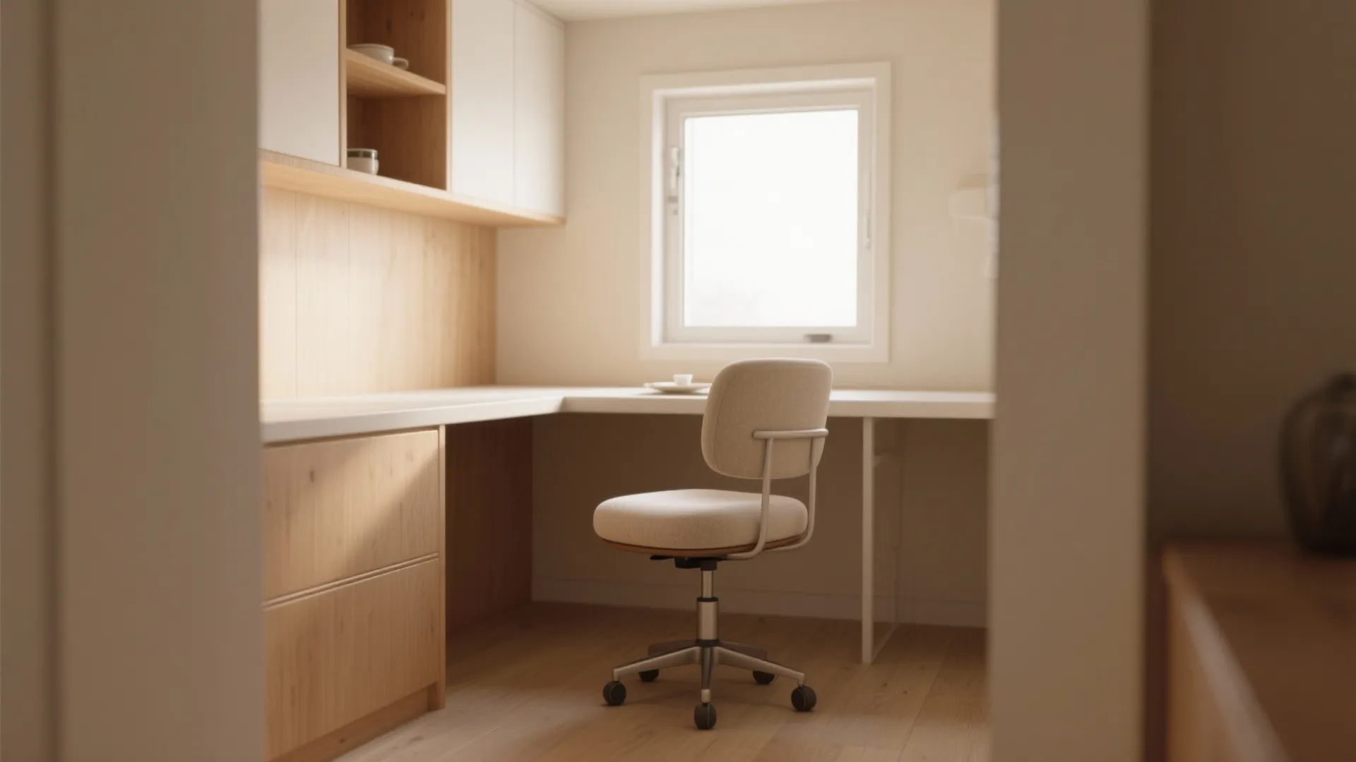 Minimalist home office featuring light wood desk white chair wooden cabinets and bright natural window light