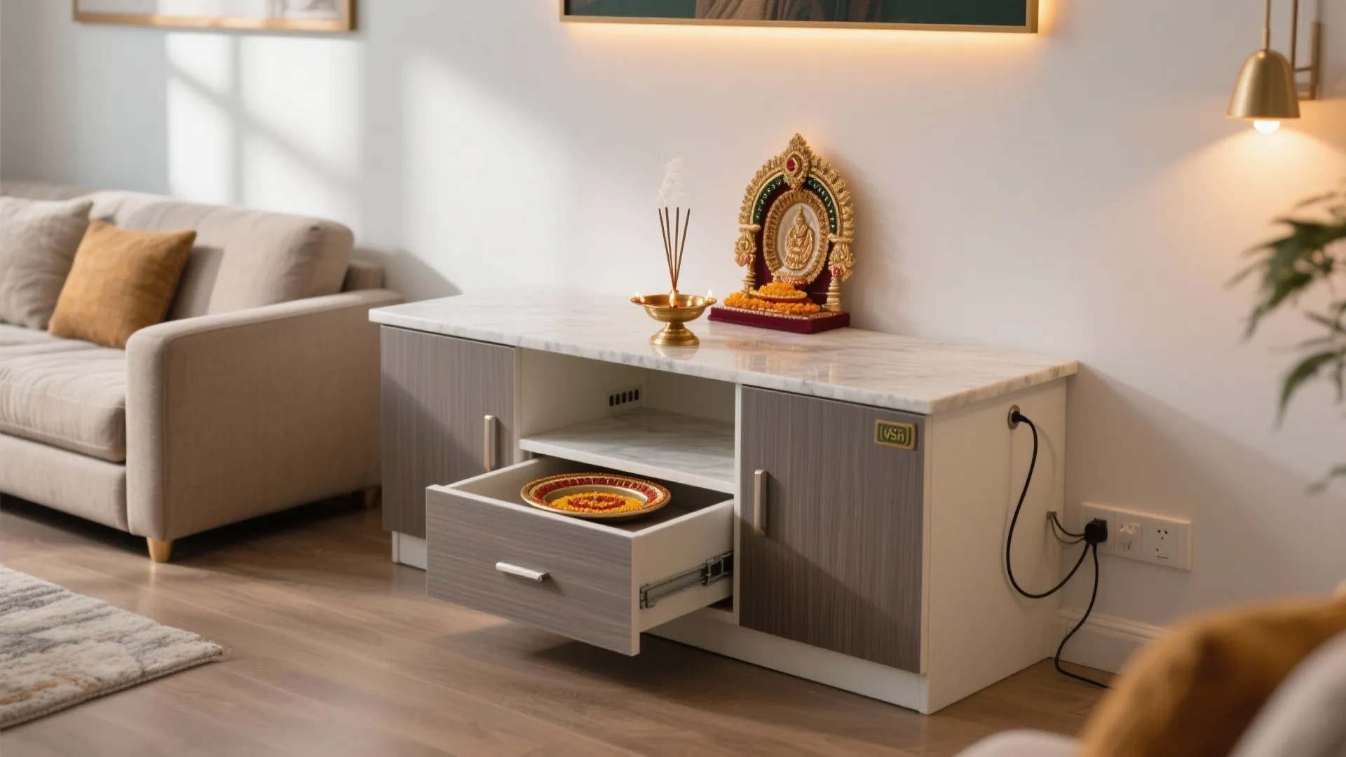 Compact base cabinet with concealed incense drawer