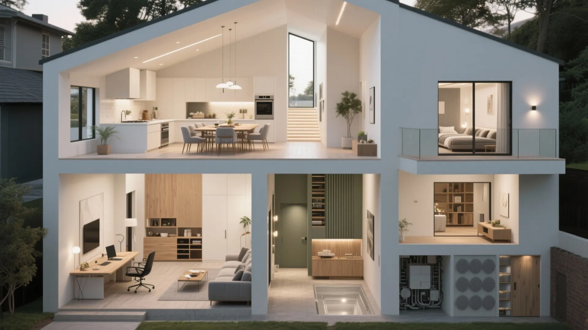 Interior design drawing of modern house with kitchen dining area living room and home office
