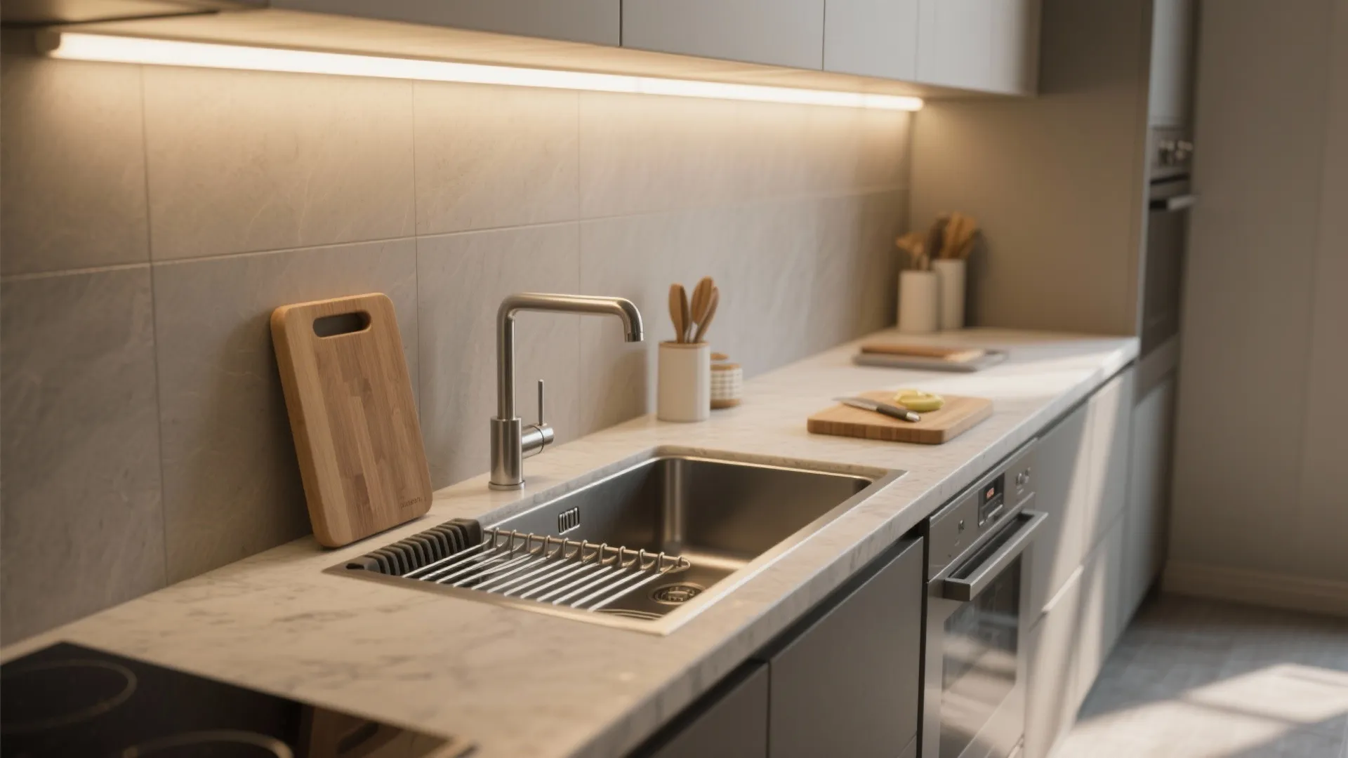 Modern kitchen with stainless steel sink, silver faucet, wooden cutting board, and bright cabinet light