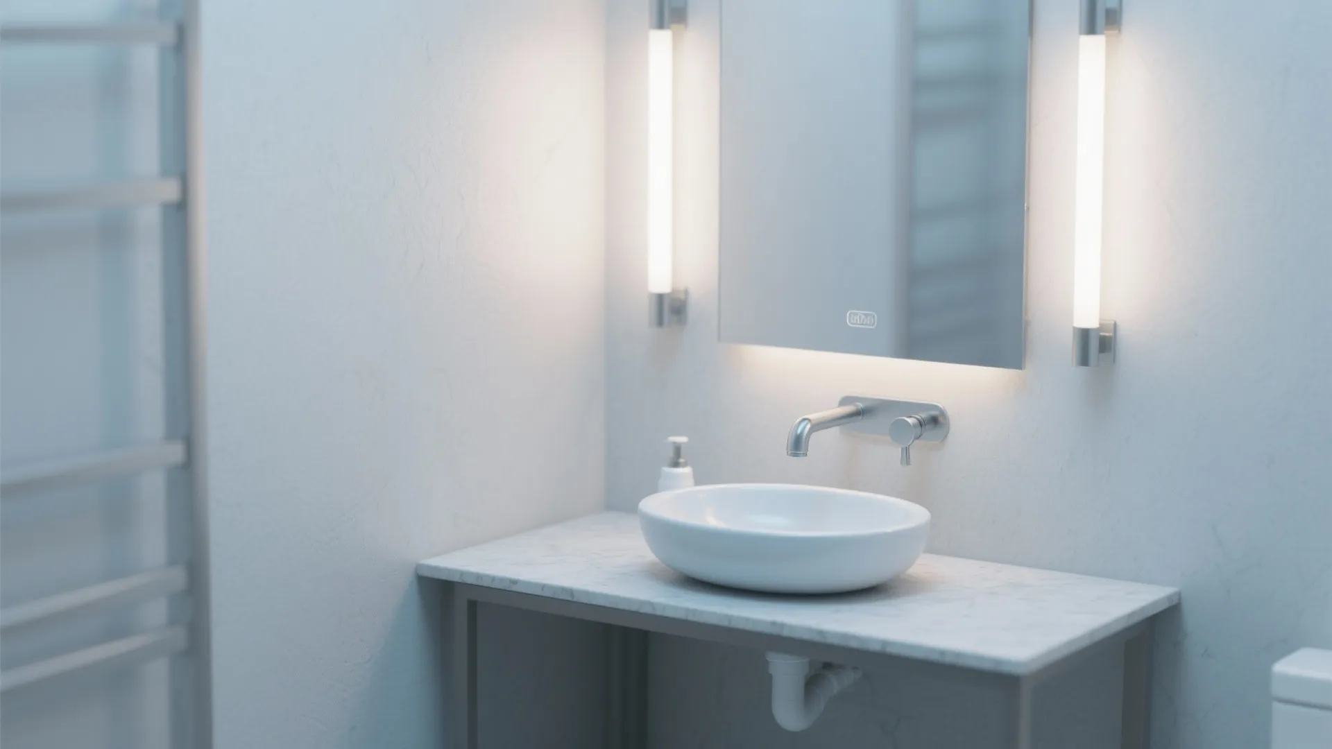 Modern bathroom with white sink on marble counter mirror with lights and a silver tap