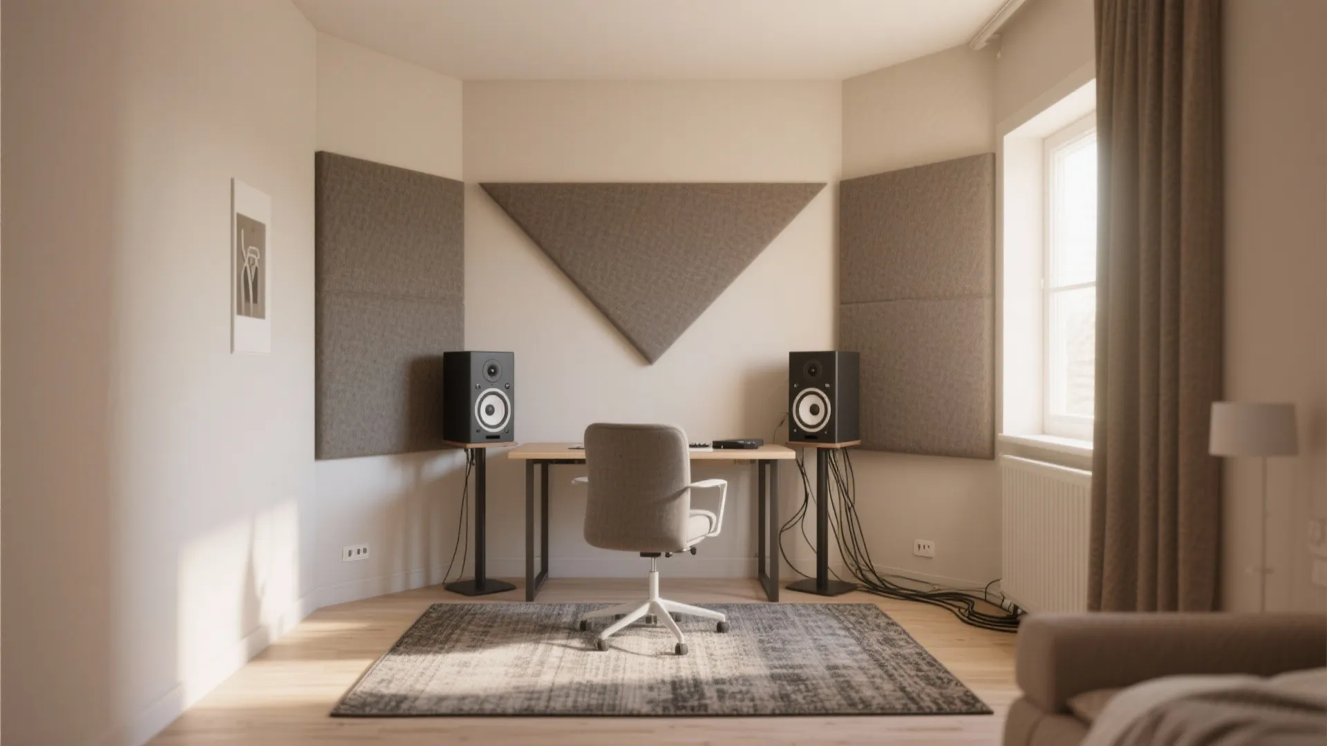 Modern home office with grey wall panels and black speakers on stands near a desk