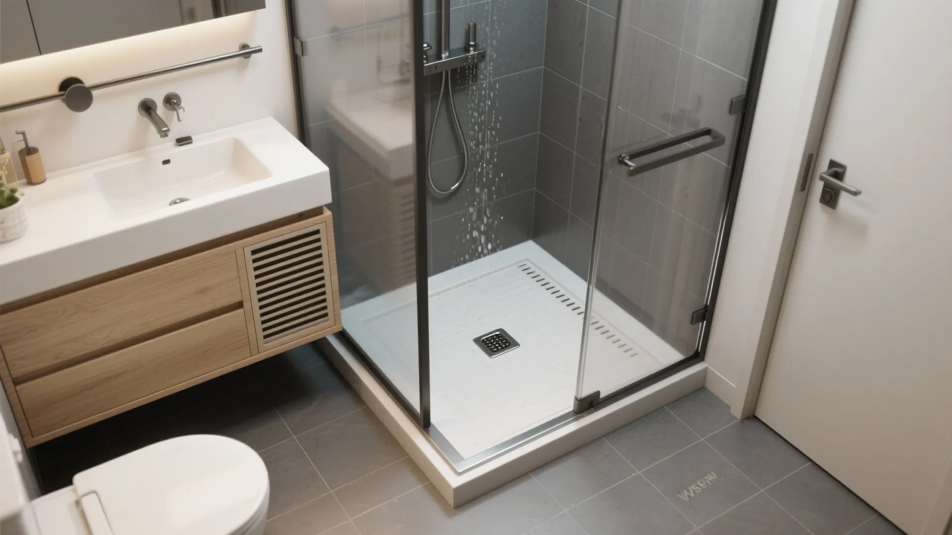 Modern compact bathroom interior with white sink wooden cabinet glass shower door and grey tiled floor