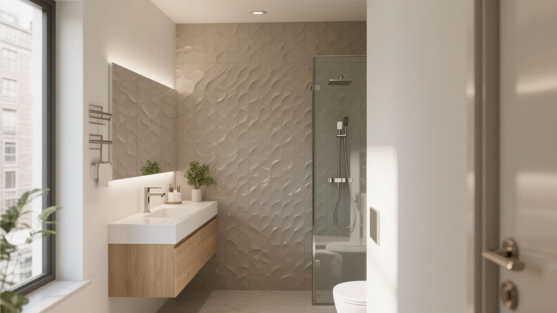 Small bathroom with wave tiles wooden vanity backlit mirror glass shower and window with plants