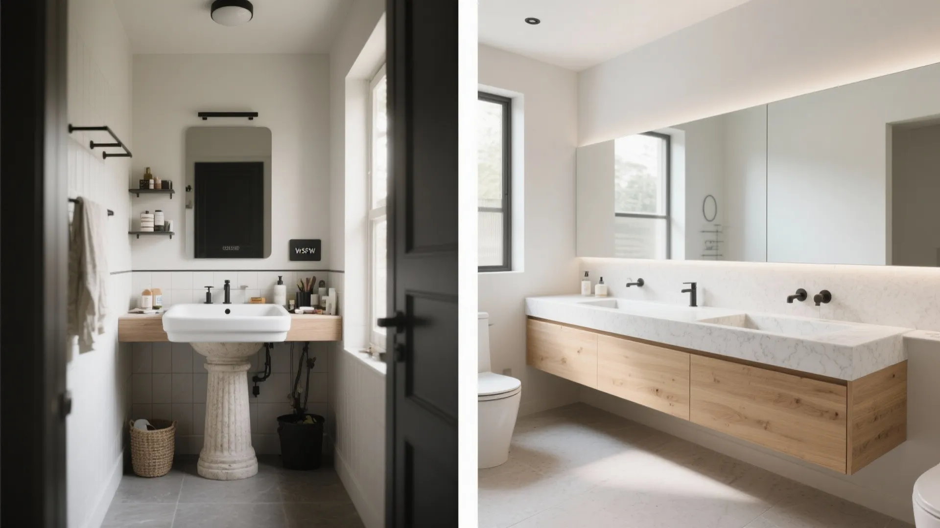 Two modern bathrooms showing a small pedestal sink area and a large double sink cabinet unit