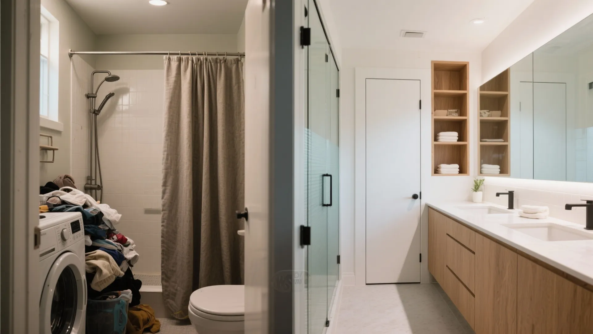 Small bathroom layout with white washing machine toilet grey shower curtain and wooden double sink cabinet