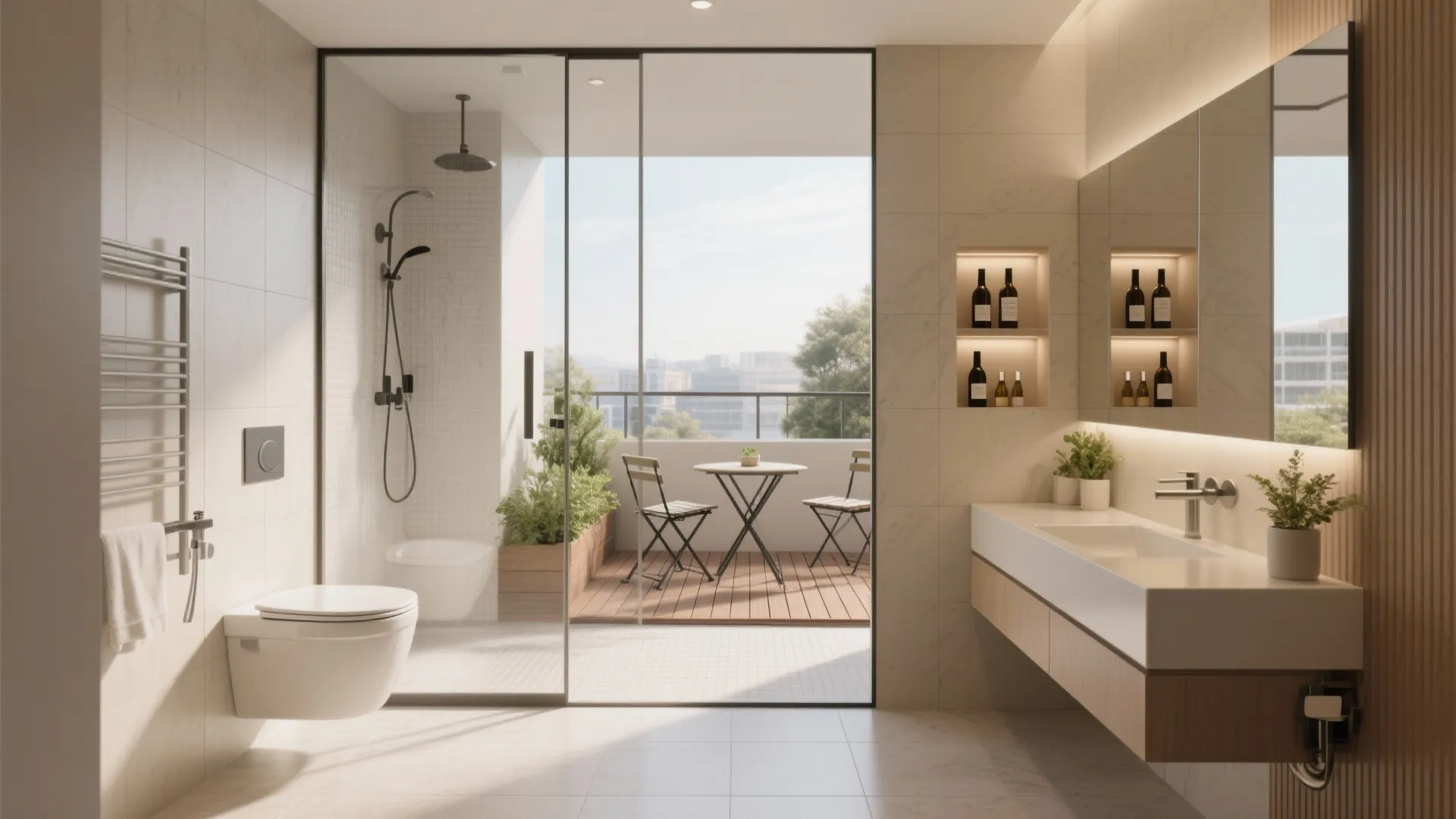 Bathrooms and balcony: compact luxury with smart plumbing