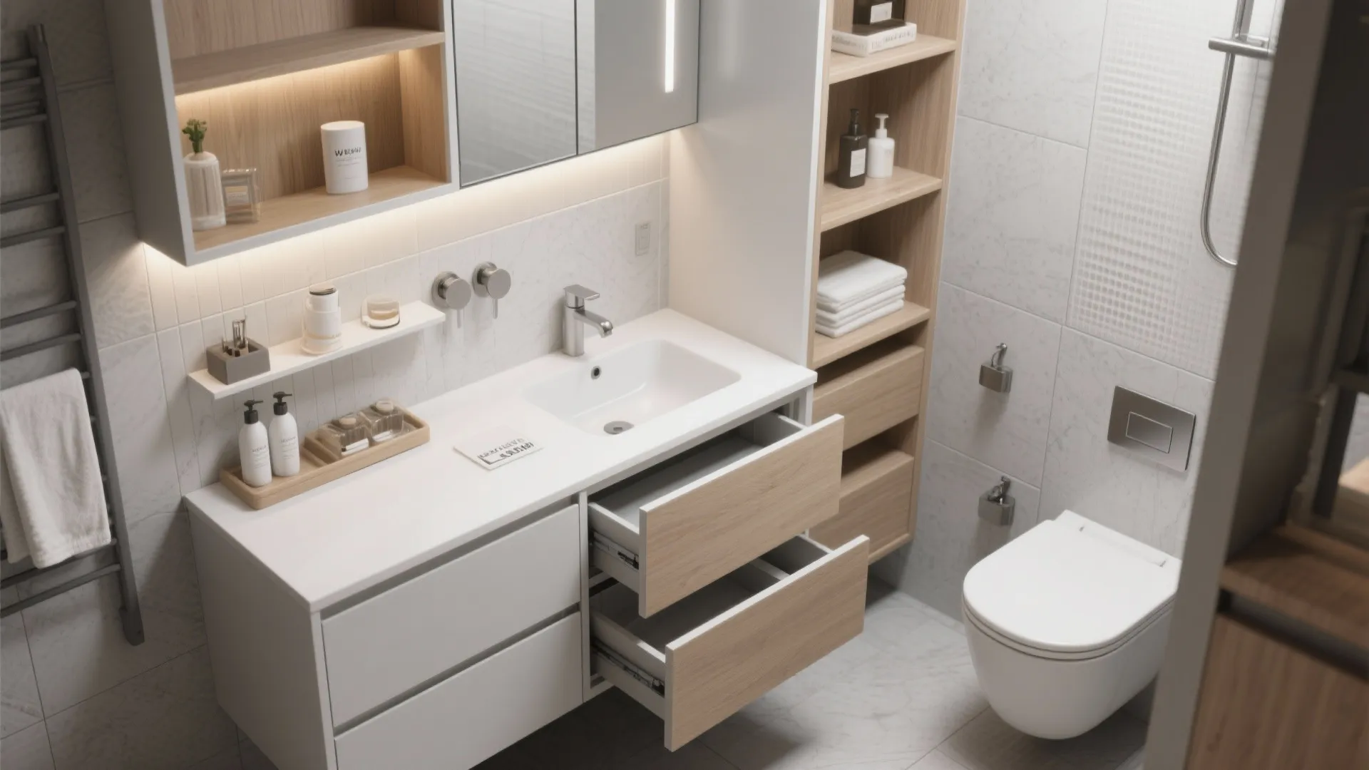 Compact modern bathroom with white sink wooden drawers open shelves toilet and grey tiled walls