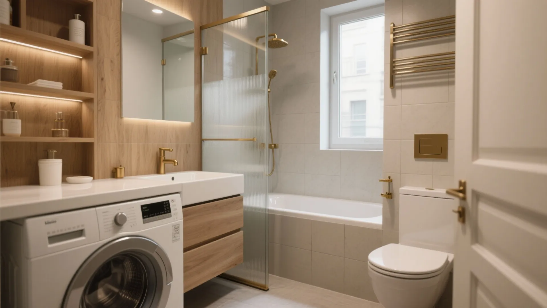 Modern small bathroom with a washing machine wooden cabinet white toilet and glass shower door