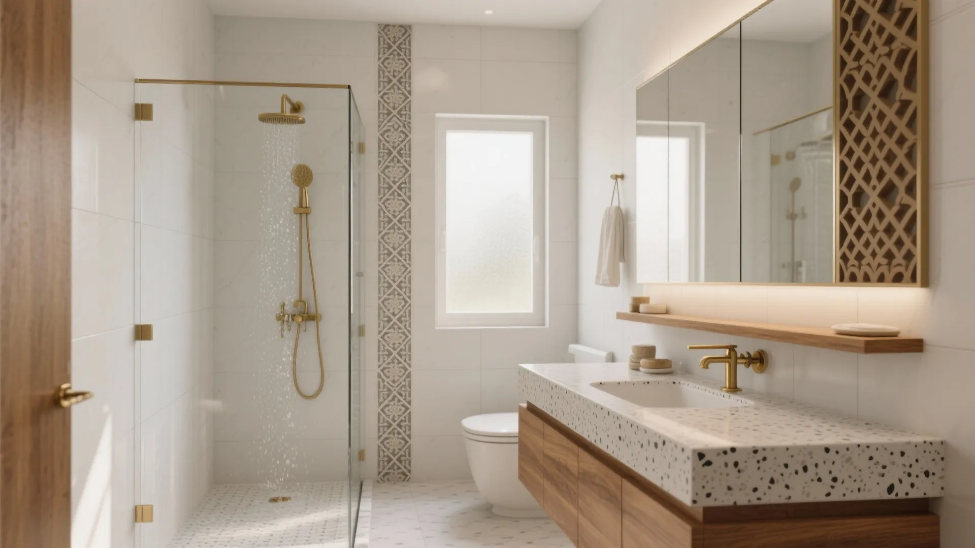Modern bathroom with walk-in glass shower gold light fixtures stone sink vanity and white toilet