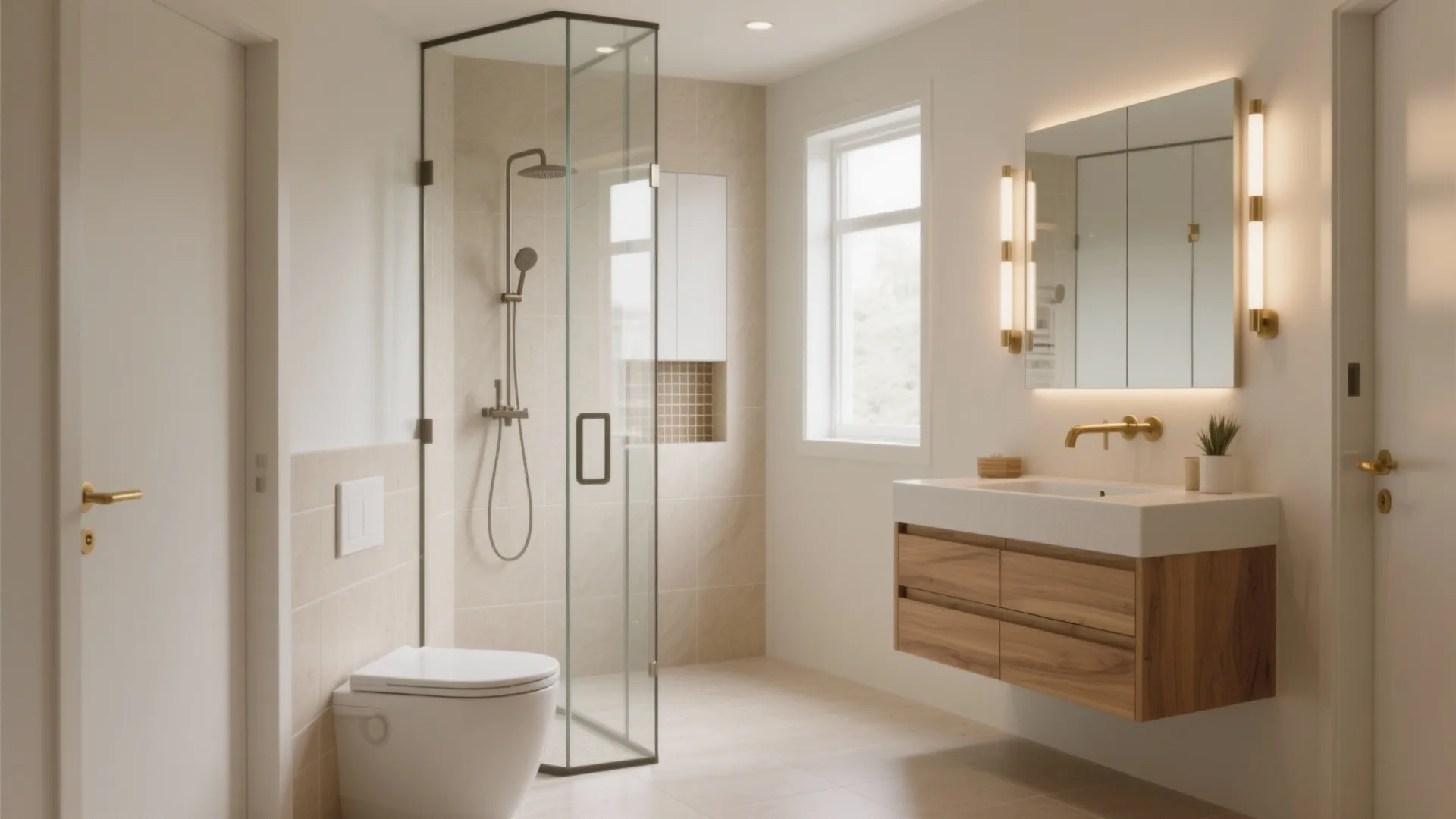 Modern bathroom featuring glass shower stall white toilet wooden sink cabinet mirror and warm wall lights