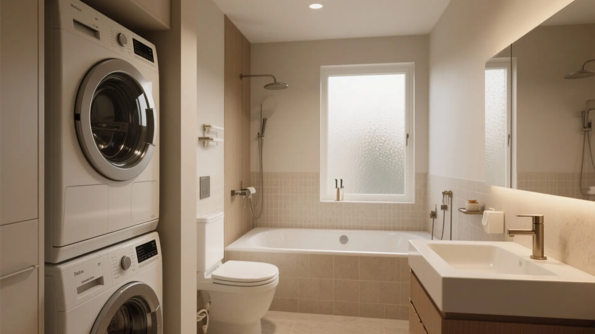 Small bathroom with stacked washing machine dryer bathtub toilet sink mirror and large frosted glass window