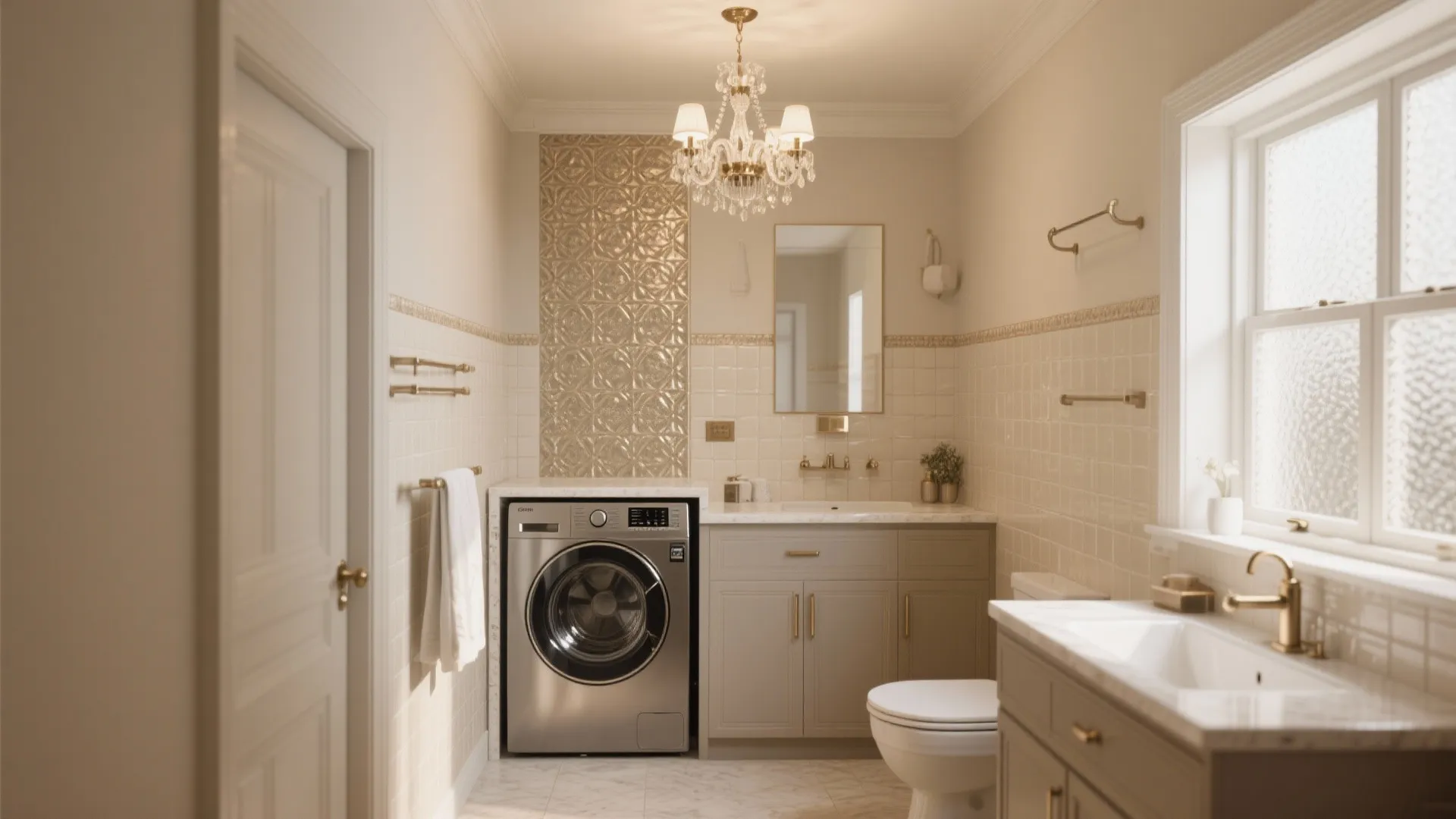 Small laundry and bathroom area with silver washing machine cabinet ceiling light and white toilet