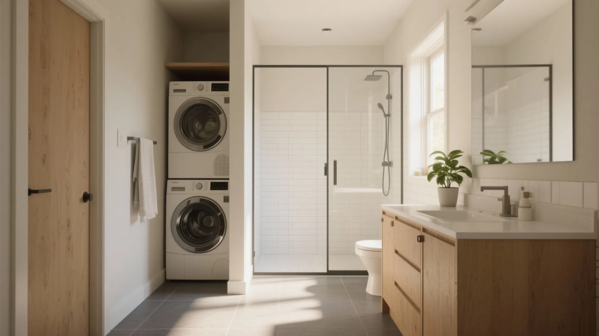 Small bathroom layout with stacked washing machine and dryer next to glass shower and wood cabinet