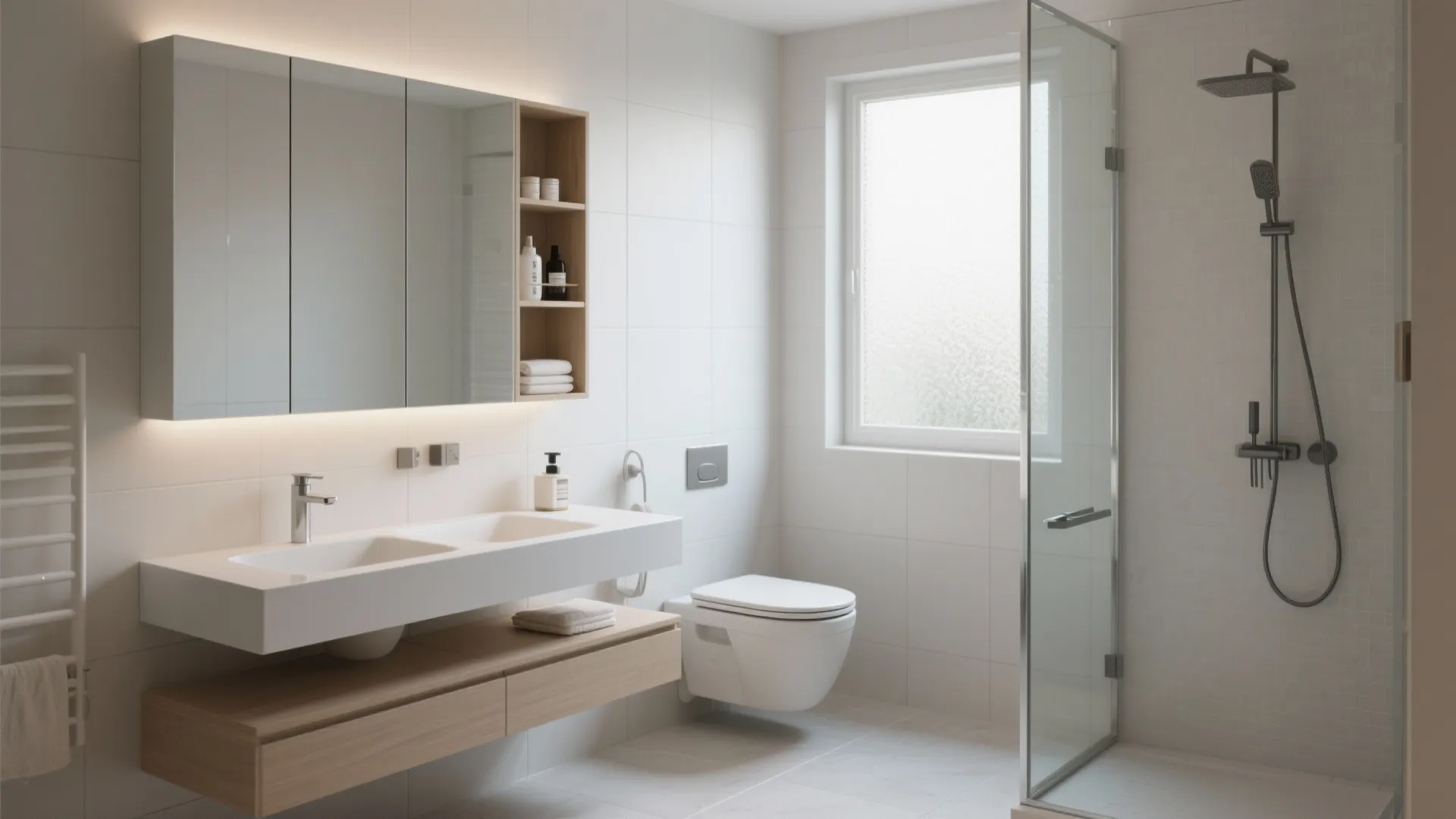 Modern bathroom with double sink white toilet glass shower door and wood cabinet under mirror