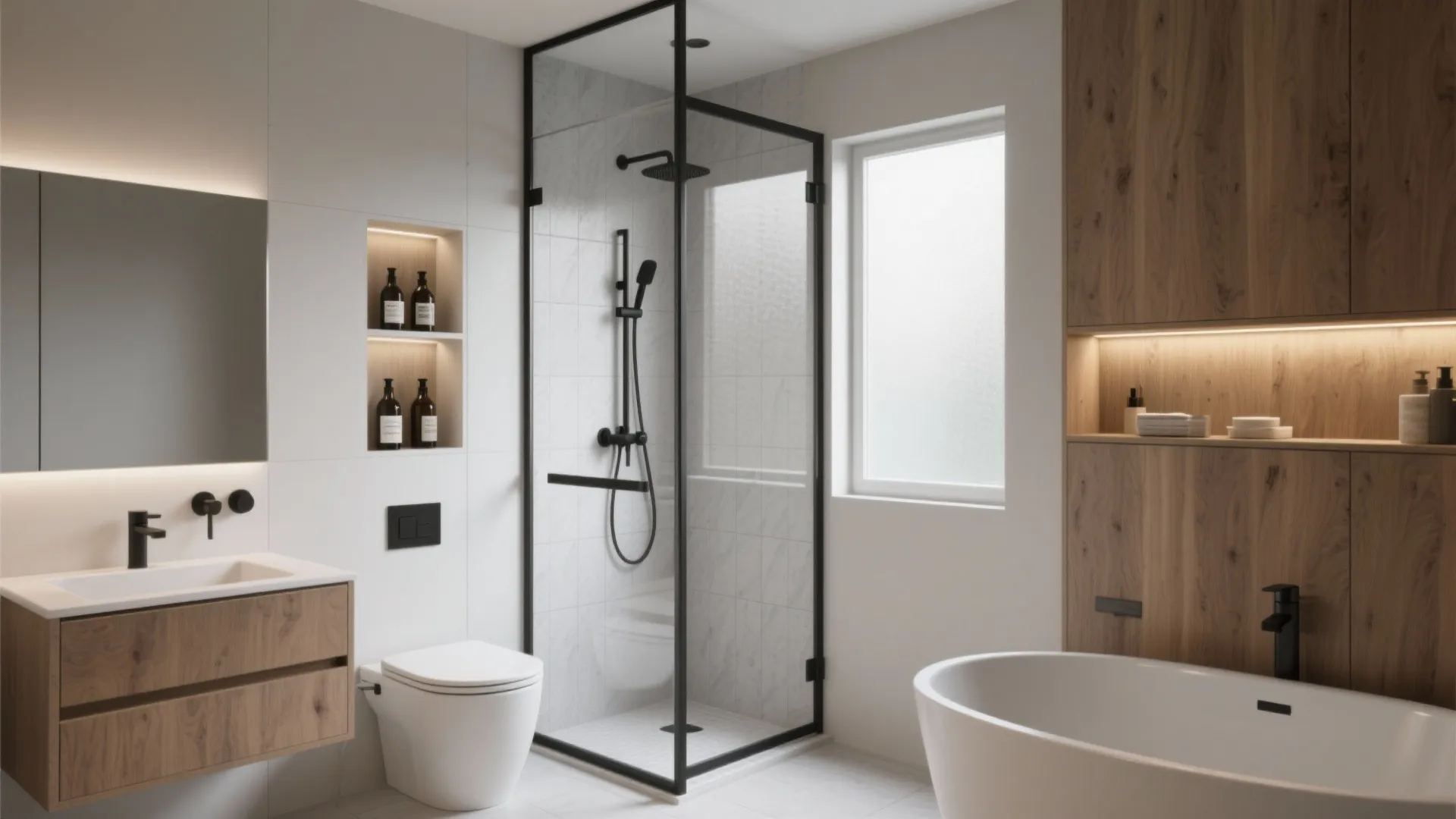 Full bathroom design with glass shower toilet white bathtub wooden cabinet and wall light fixture