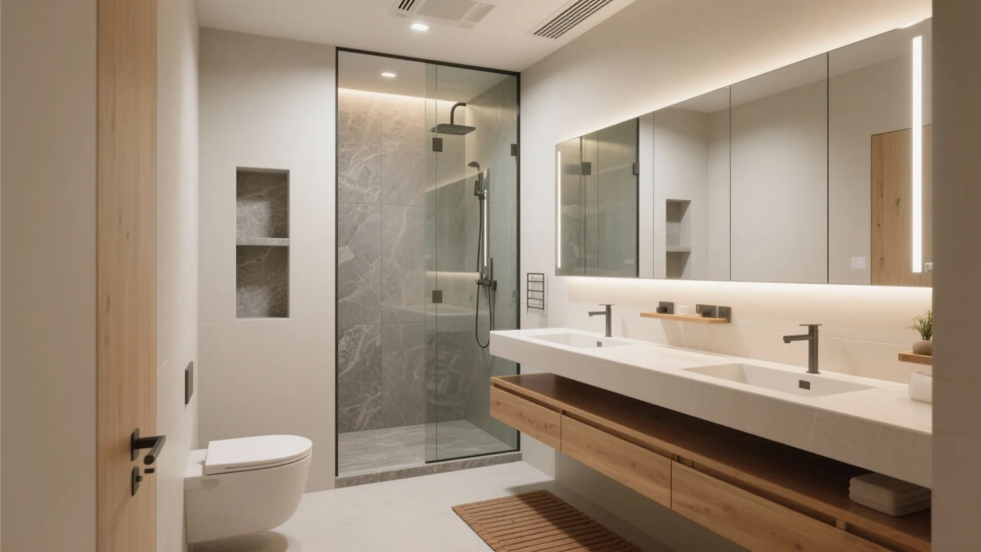 Modern bathroom showing glass shower marble tiles double sink wooden vanity and large wall mirror