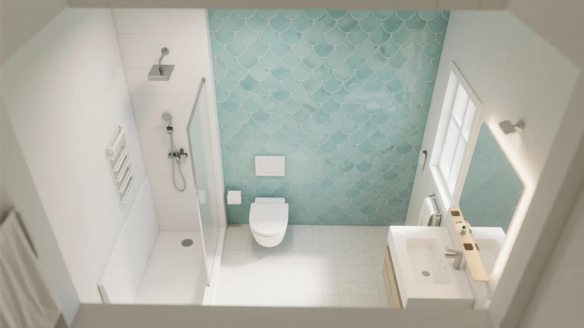 Fish Scale Mosaic Walls for Compact Bathrooms