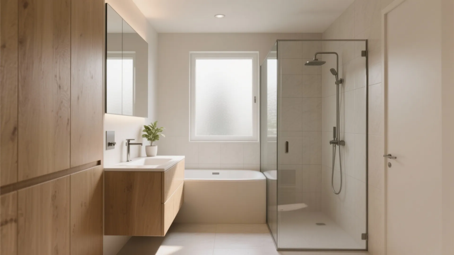 Minimalist bathroom with wooden cabinet, white sink, glass shower door, bathtub, and a large window
