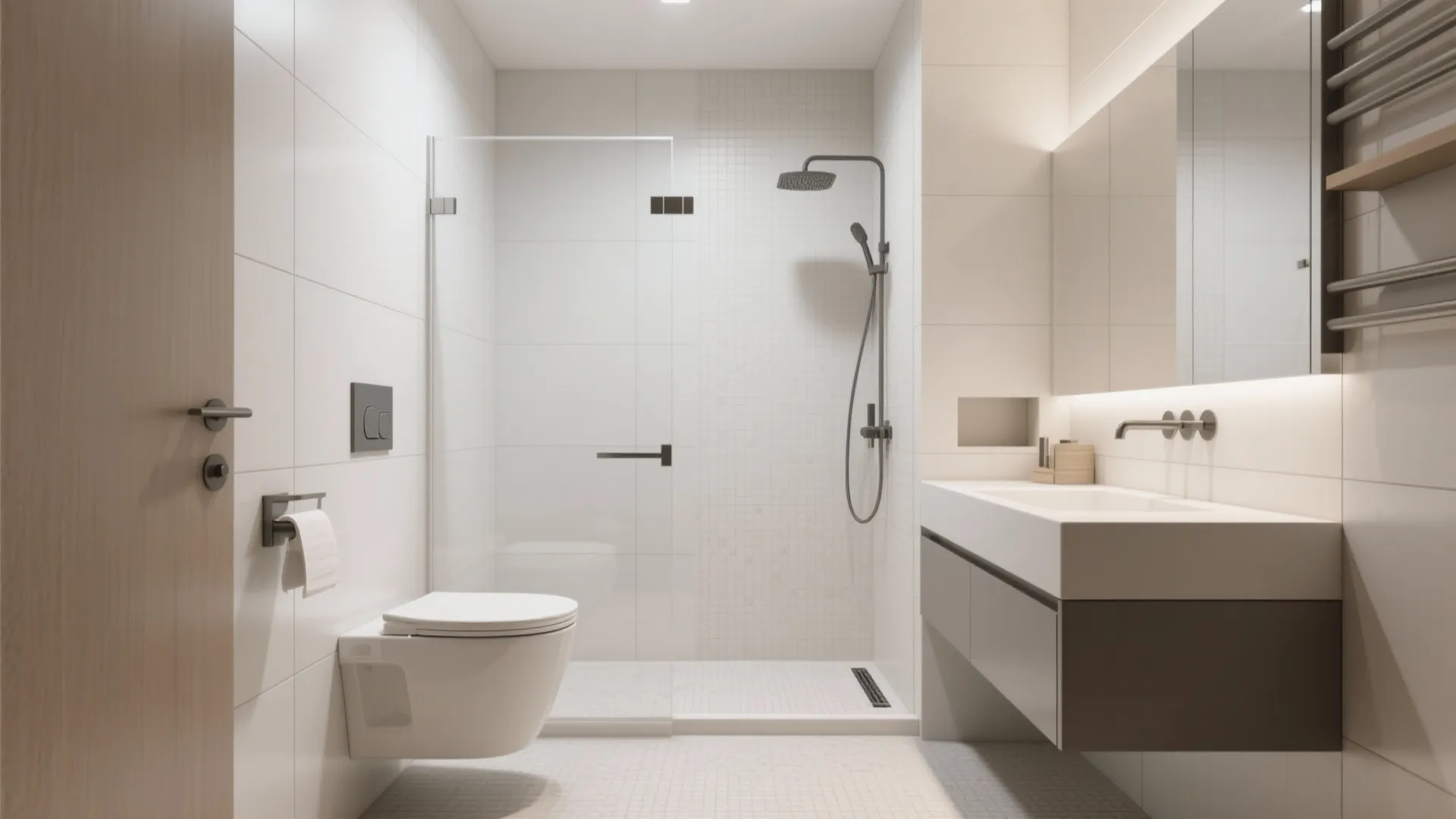 Modern white bathroom with toilet, glass shower door, sink, grey cabinet, and bright indoor lighting