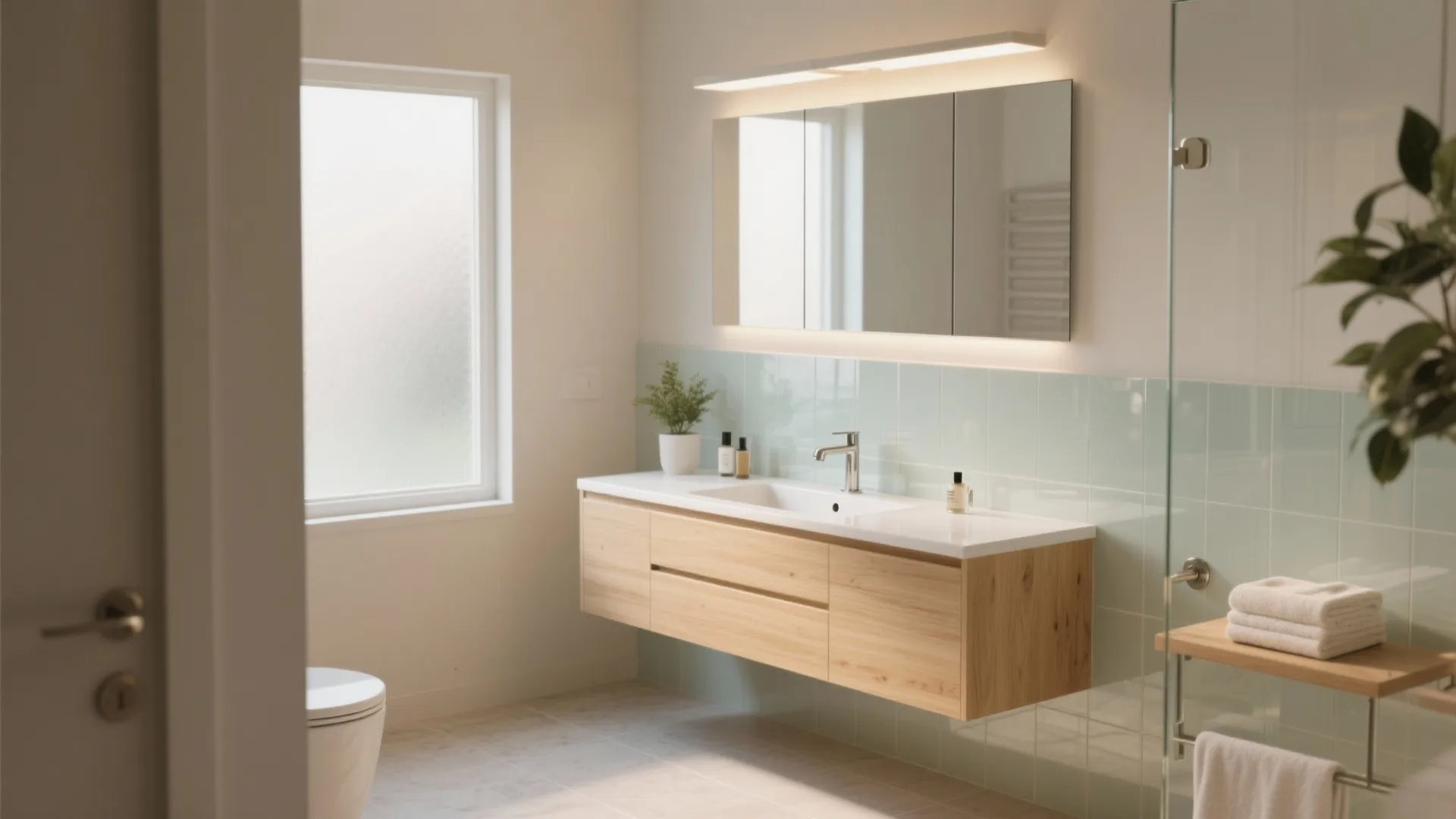 Modern bathroom with wooden floating cabinet white sink light blue wall tiles and a large mirror