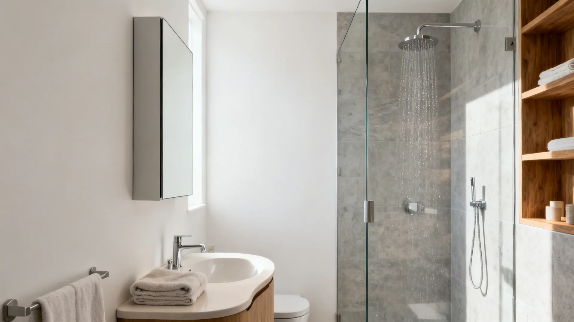 Small bathroom with recessed mirrored storage, a fixed glass wet zone, and a rounded-edge vanity.