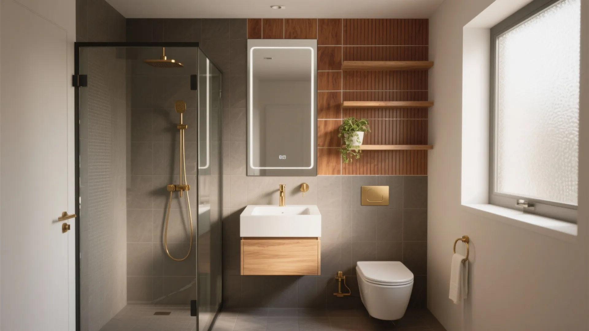 Modern small bathroom with glass shower stall white sink wooden cabinet toilet and wall mirror