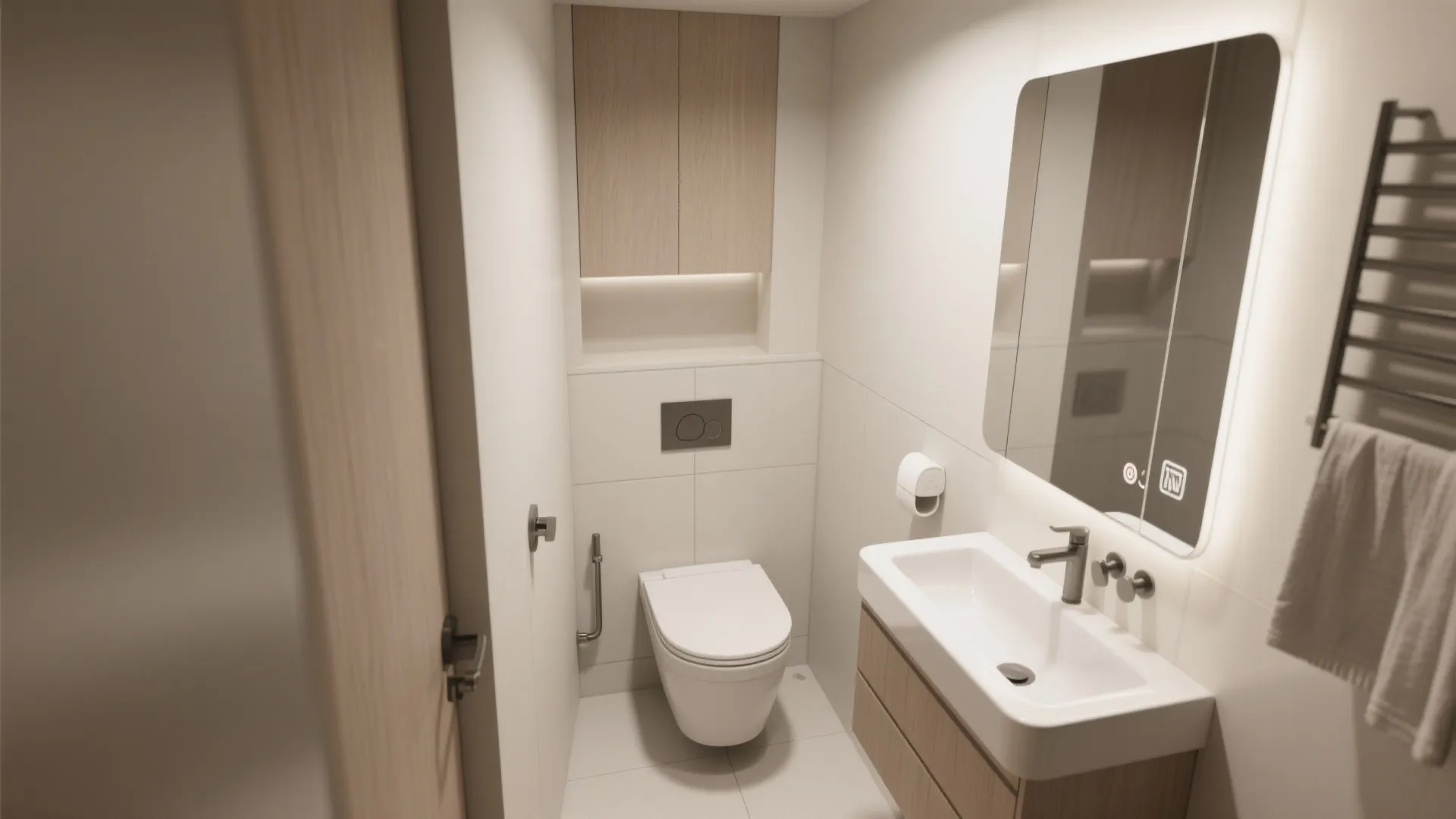 Small modern bathroom featuring white toilet wall hung sink wooden cabinet lighted mirror and grey walls