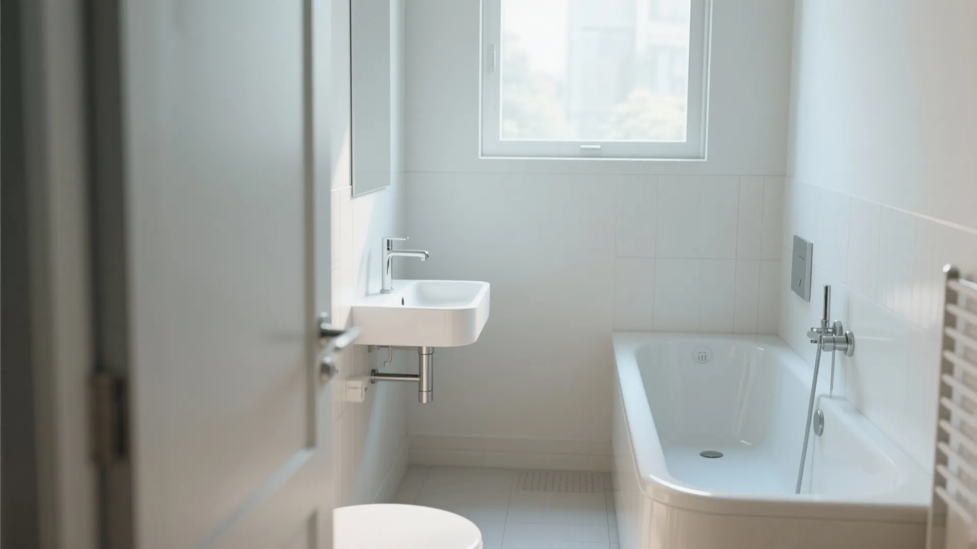 Small white bathroom interior featuring a wall mounted sink bathtub toilet and a bright window