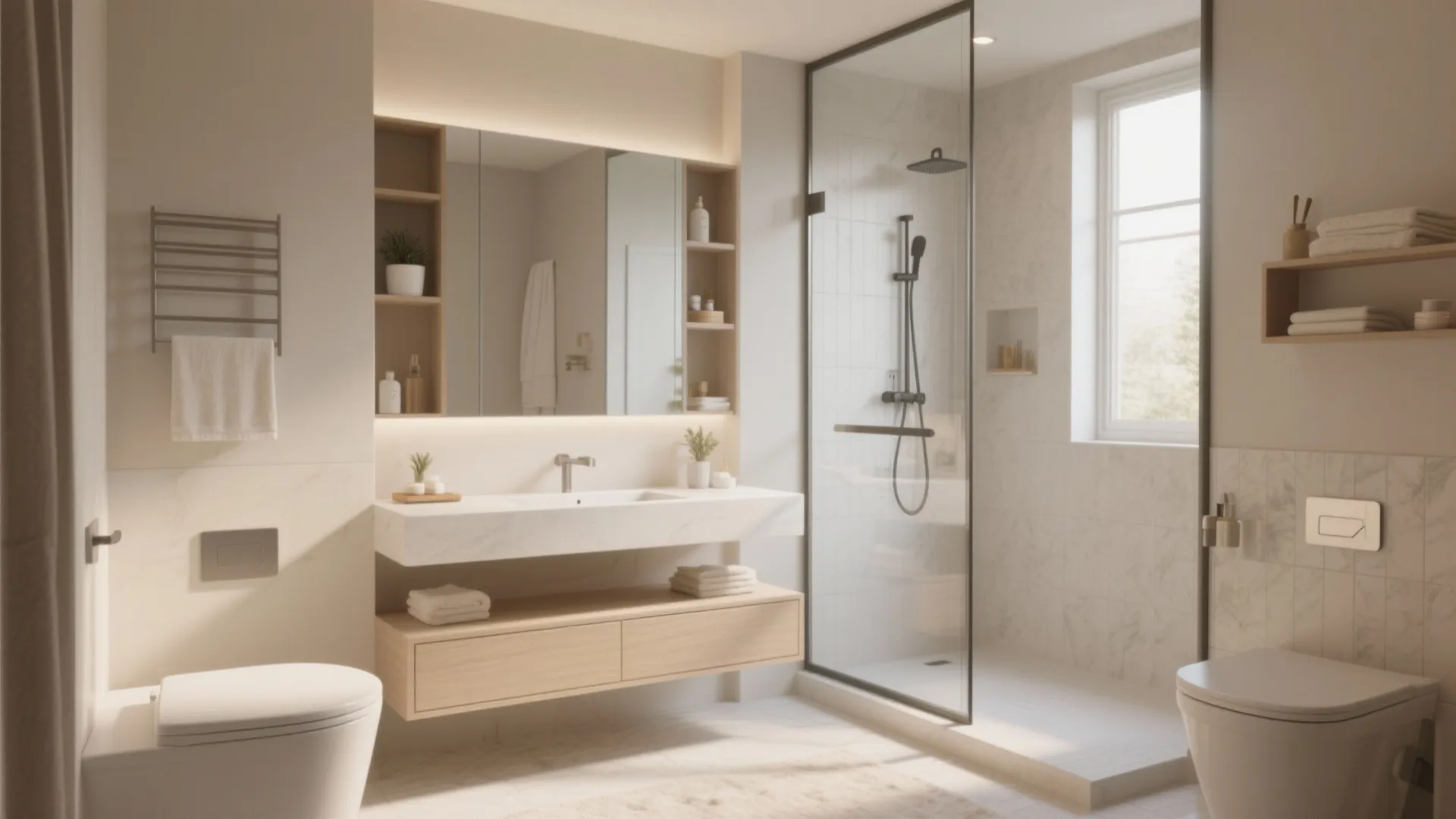 Minimalist bathroom interior with wooden cabinet white sink glass shower wall mirror and two white toilets