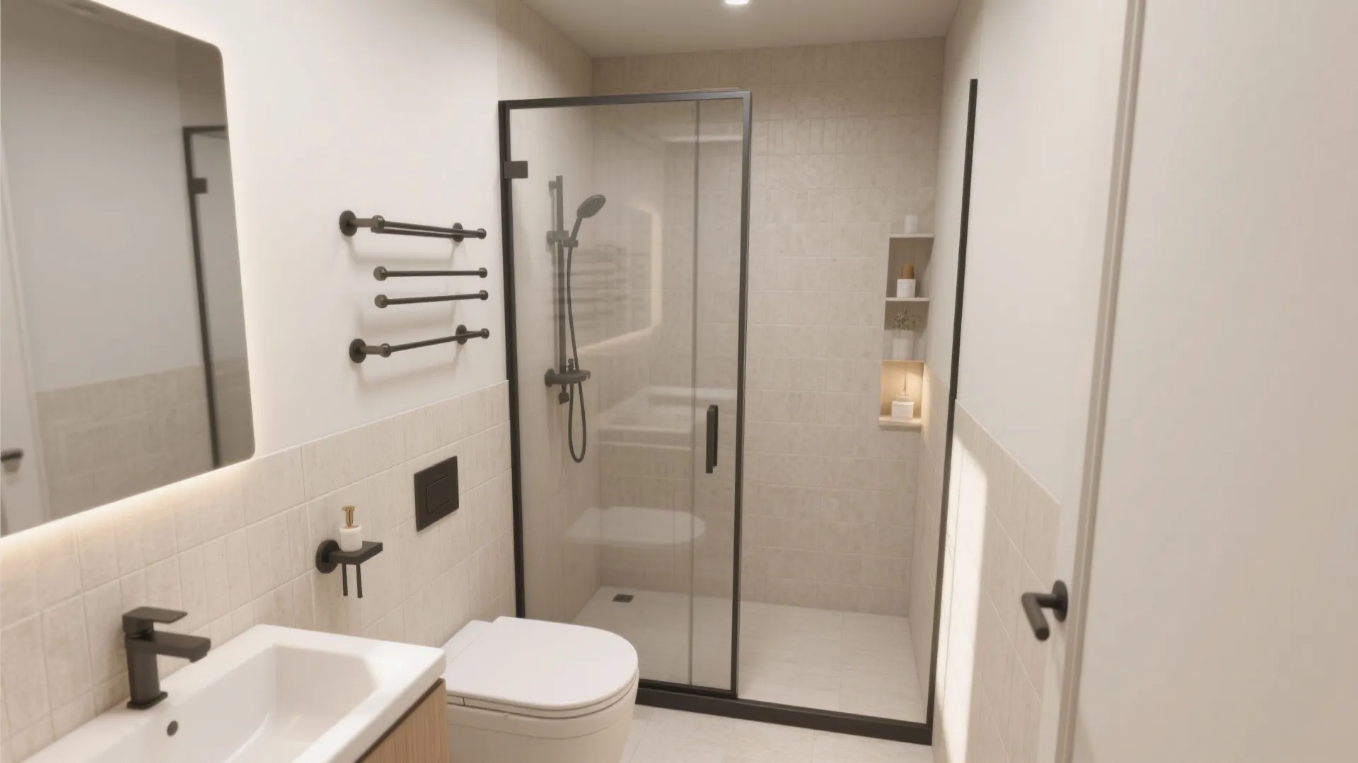 Modern small bathroom featuring a black framed shower door white toilet sink and towel rack