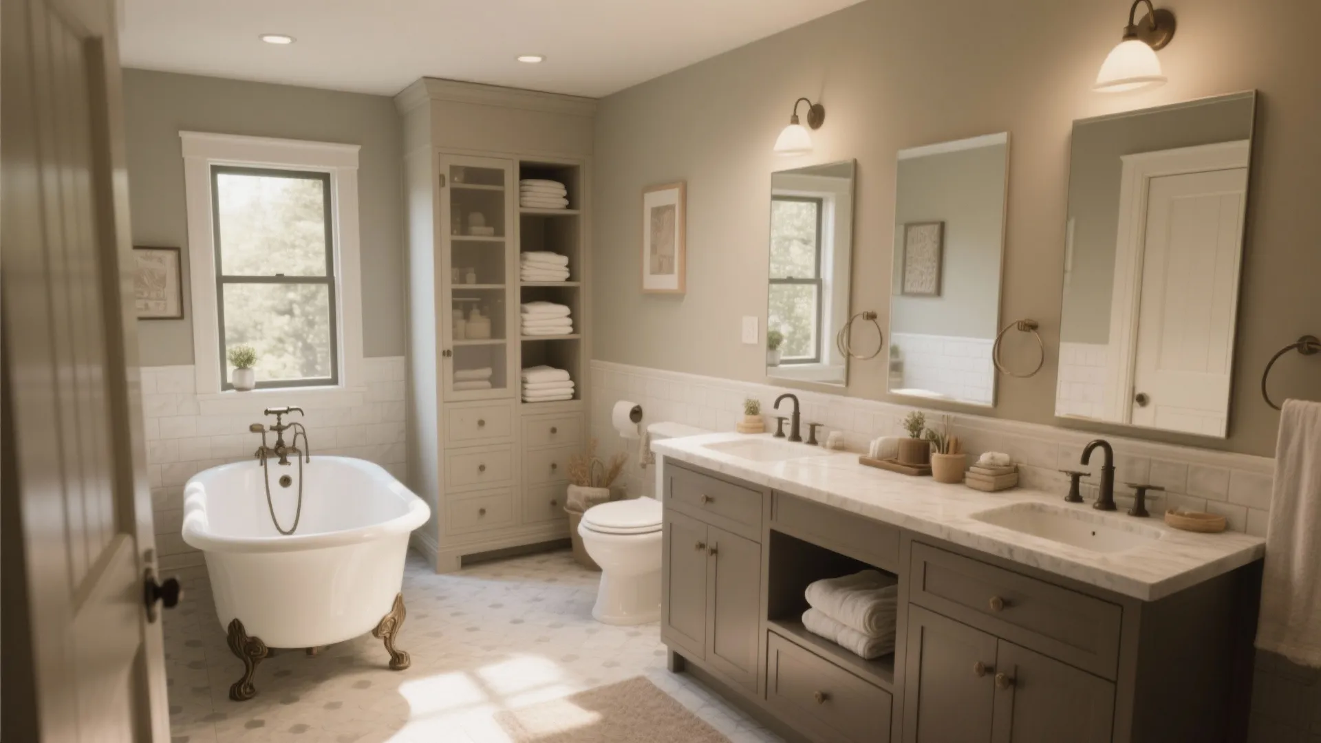 Spacious bathroom with a white bathtub grey cabinet double sinks mirrors and soft wall light