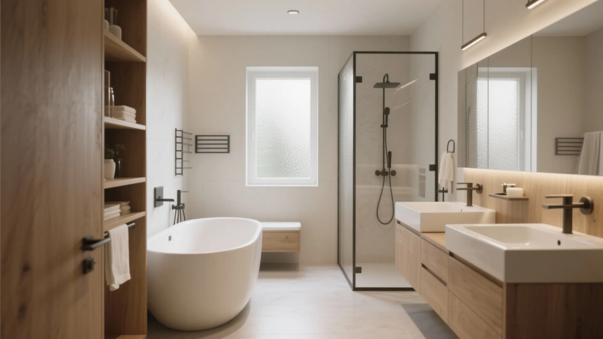 Spacious bathroom with white bathtub wooden shelves glass shower door and double sink vanity unit