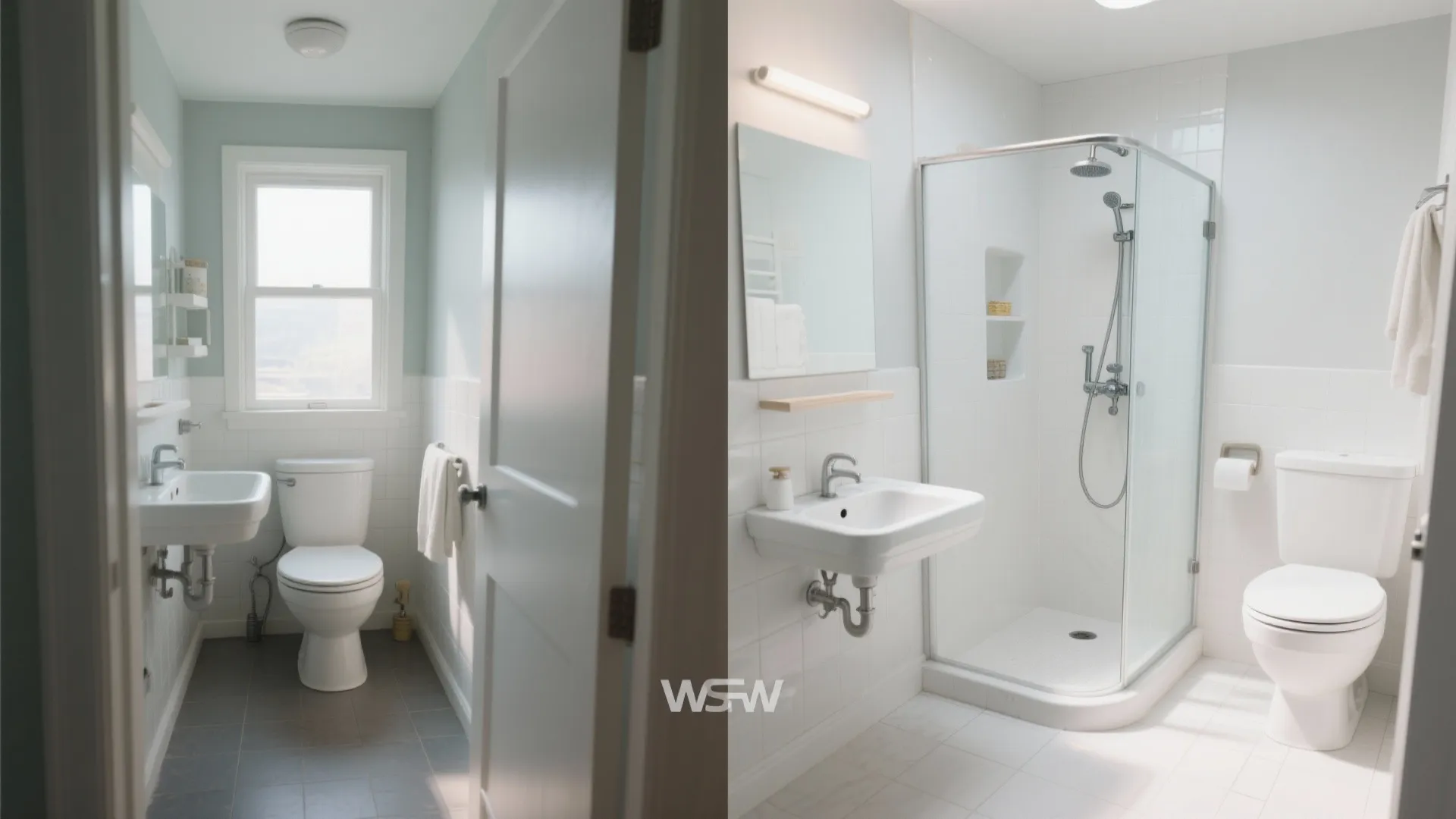 Before and after comparison showing a small bathroom renovation with new glass shower and floor