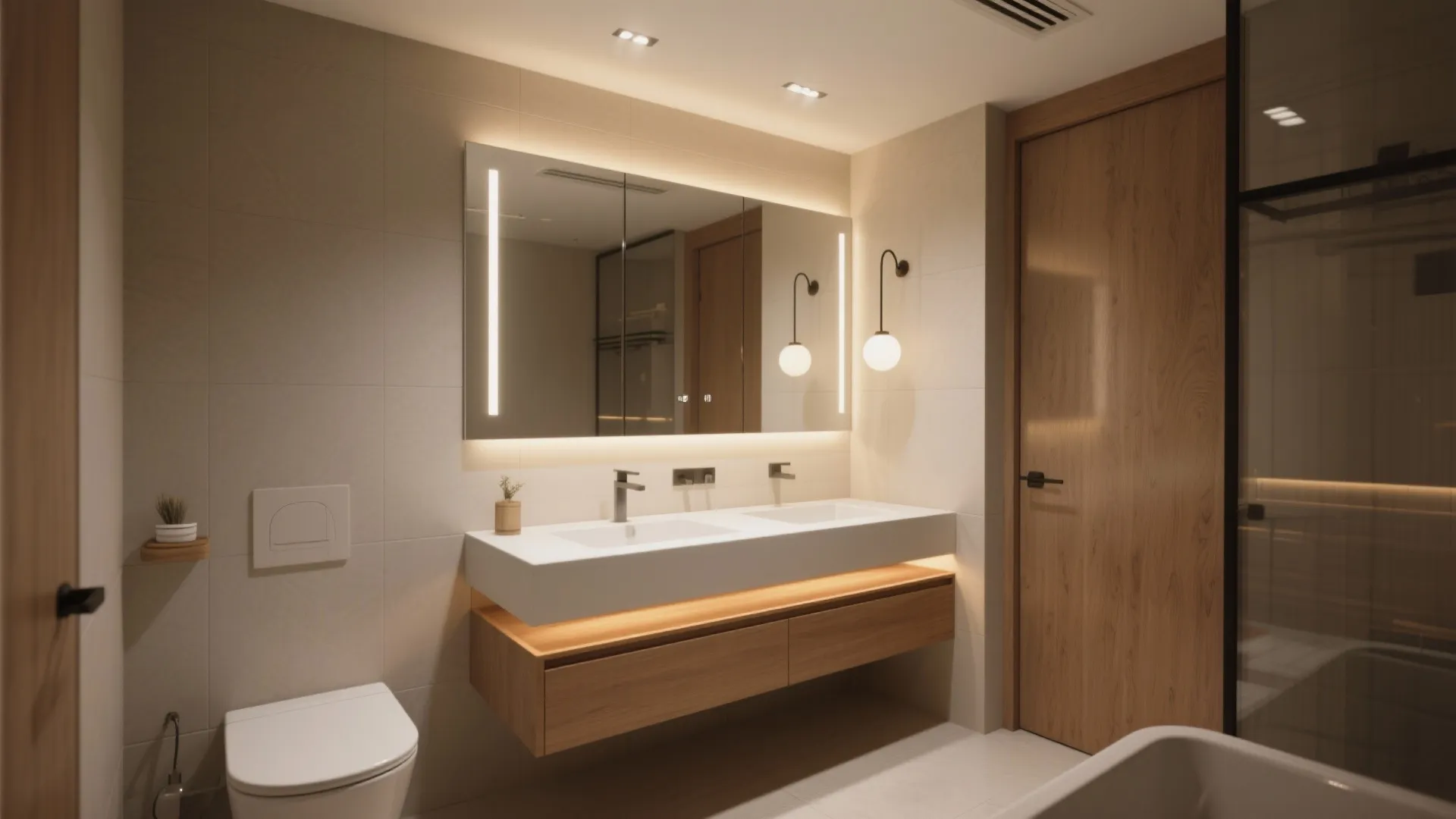 Modern bathroom with double sink vanity wooden cabinet lighted mirror wall lights and warm ceiling lights