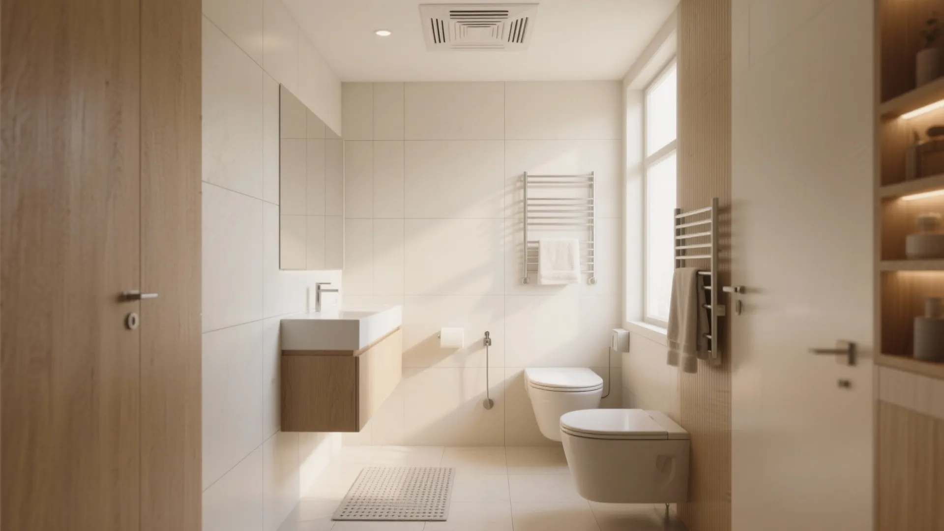 Small minimalist bathroom featuring wall hung toilet wooden sink cabinet and white ceiling exhaust fan