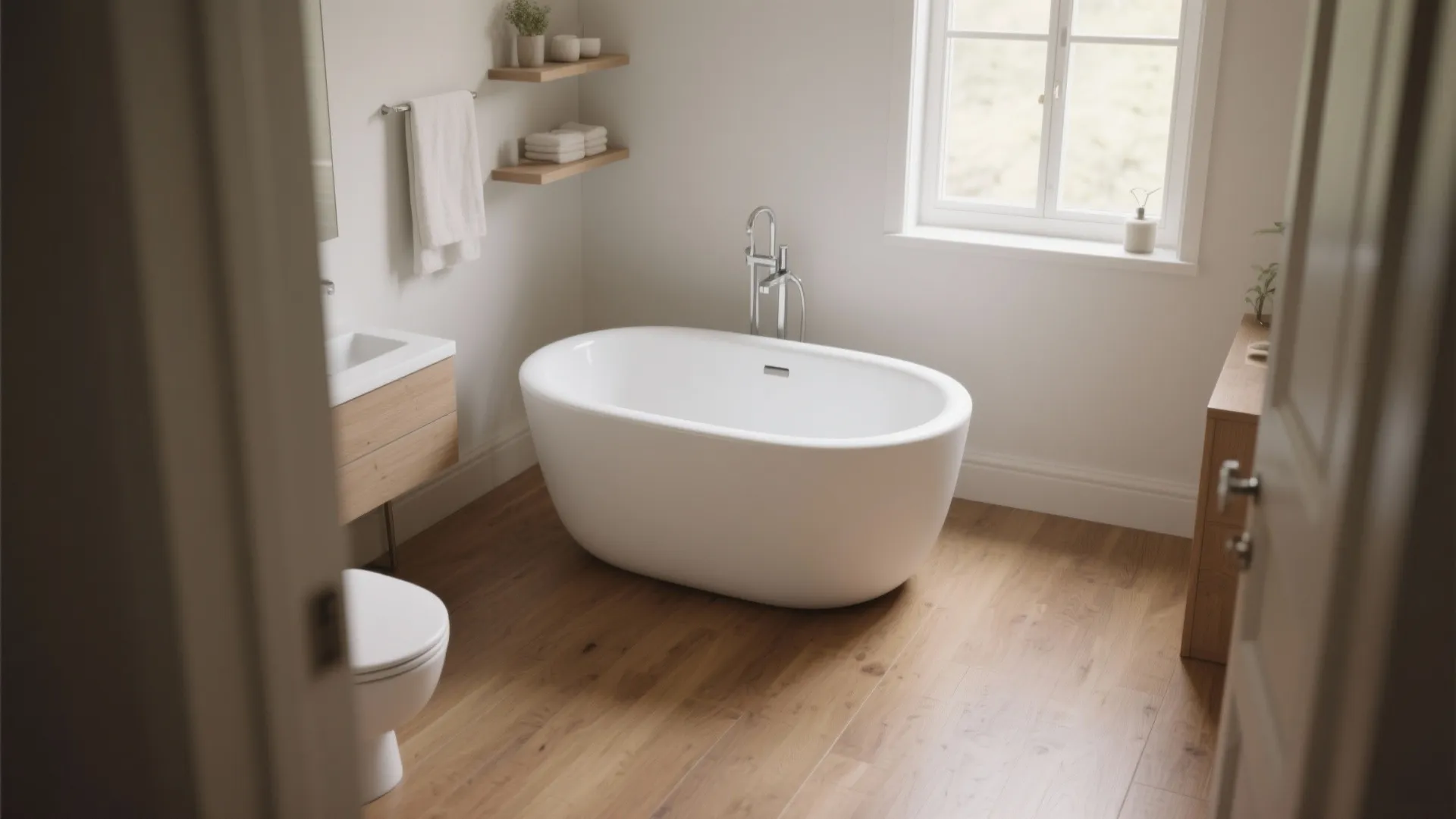 White oval bathtub in a bright bathroom with wood flooring a window and wooden shelves
