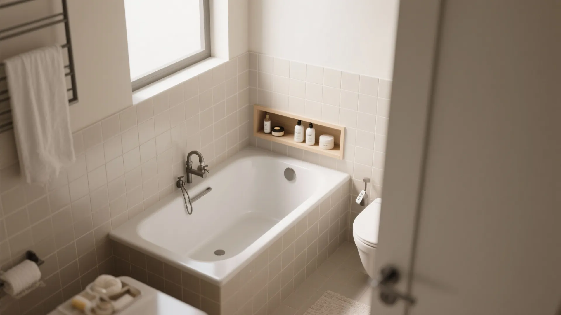 White rectangular bathtub in a small bathroom with beige wall tiles and wooden wall niche