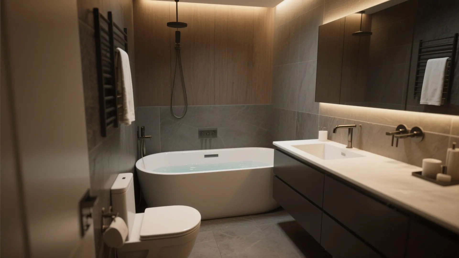 Grey bathroom design with white bathtub dark cabinet long mirror warm lighting and white toilet seat